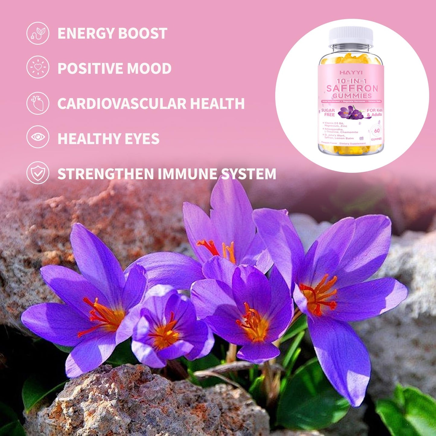 HAAYI Saffron Gummies for Kids & Adults, For Zzz, Mood, Focus & Vision, 60 Count