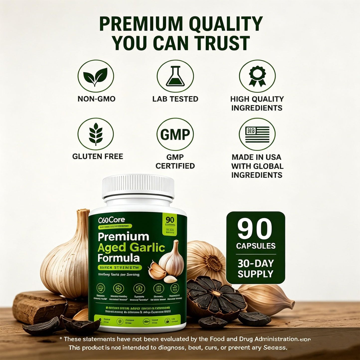 Glo7 SkinCare Qocore Aged Black Garlic Capsules, Odorless Garlic Supplement with Aged Garlic Extract, Antioxidant Daily Wellness, 90 Capsules