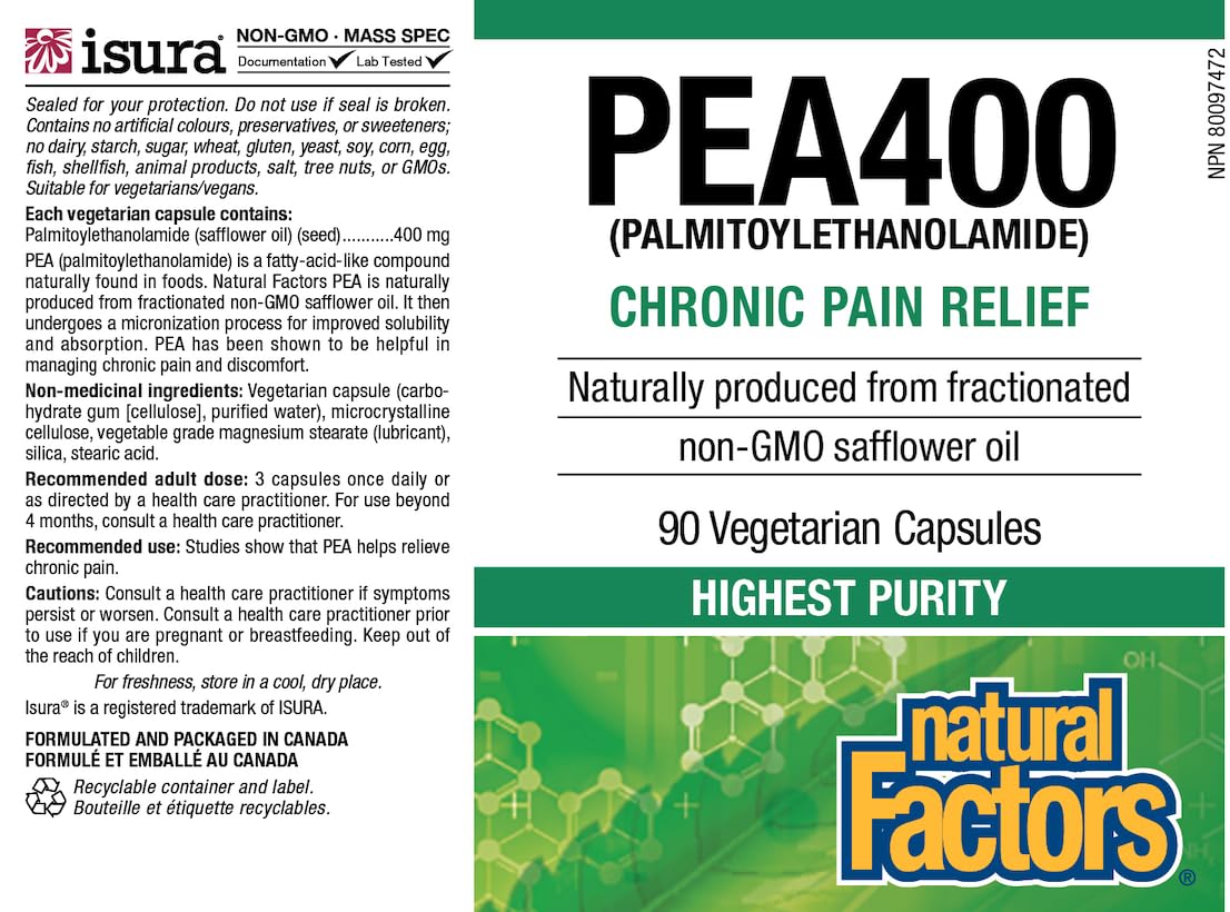 Natural Factors PEA400 Pure Palmitoylethanolamide for Relief - Supports Nervous System & Occasional Discomfort - Non-GMO 90 Capsules