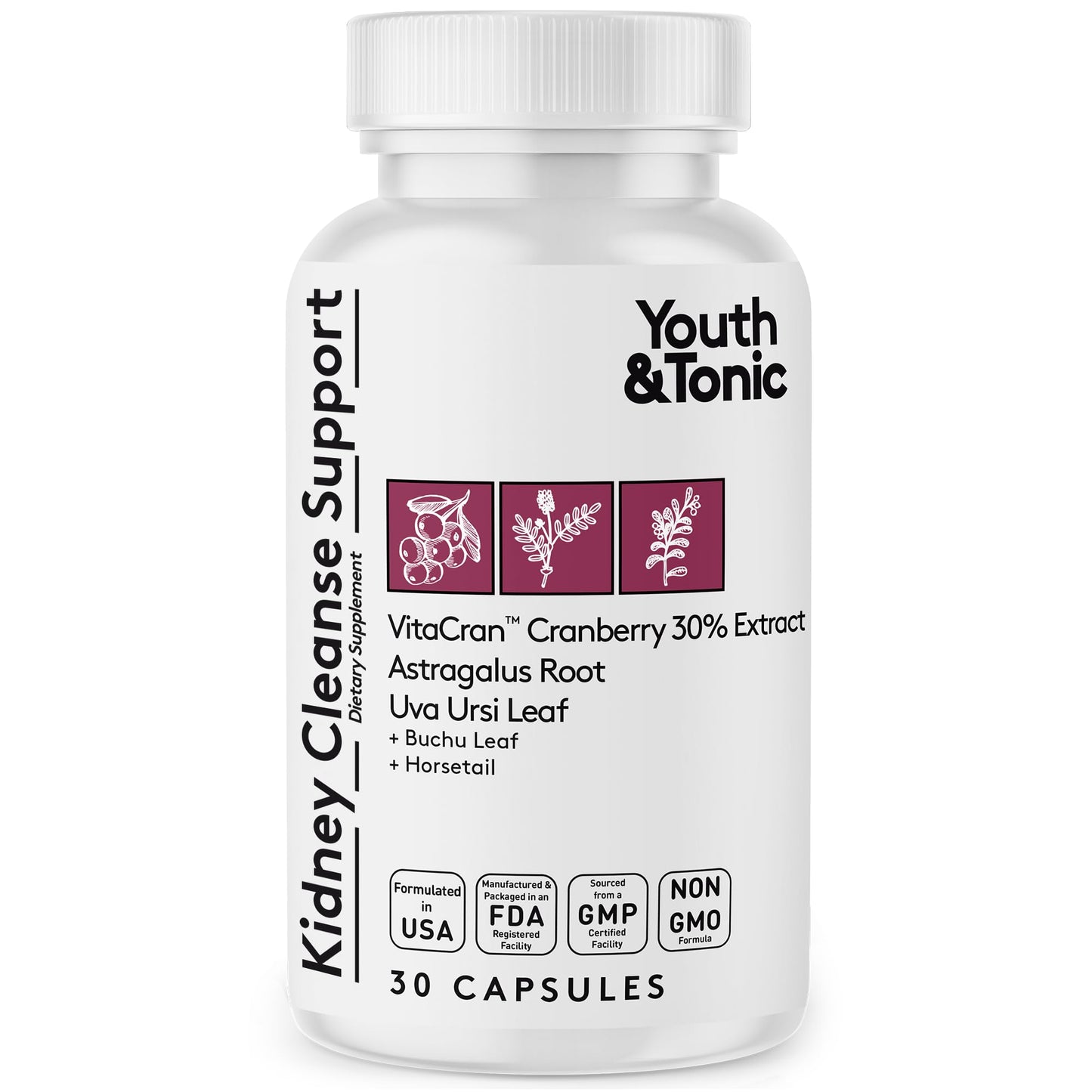 Youth & Tonic Kidney Support Supplement with Cranberry Extract Capsules, 30 Count