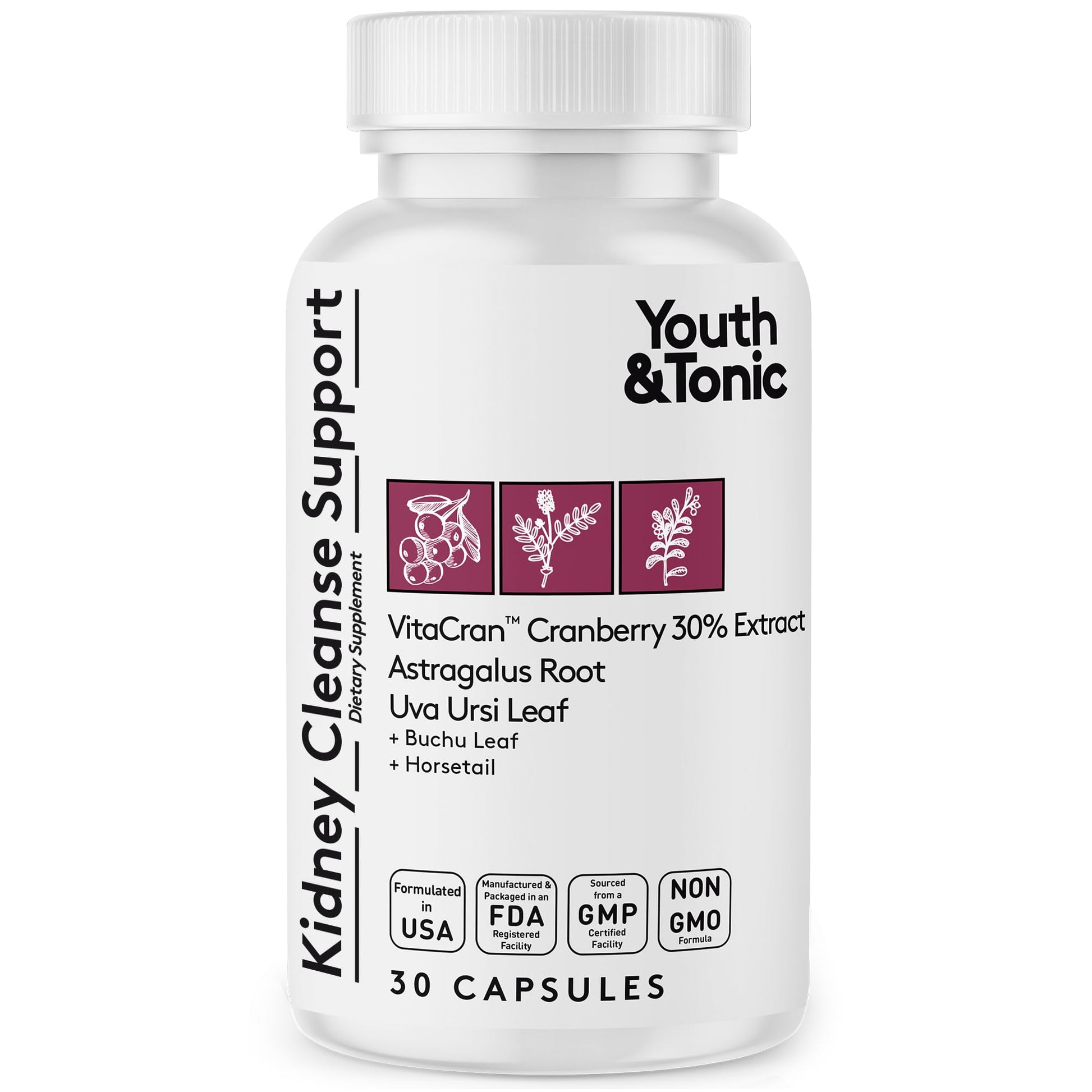 Youth & Tonic Kidney Support Supplement with Cranberry Extract Capsules, 30 Count