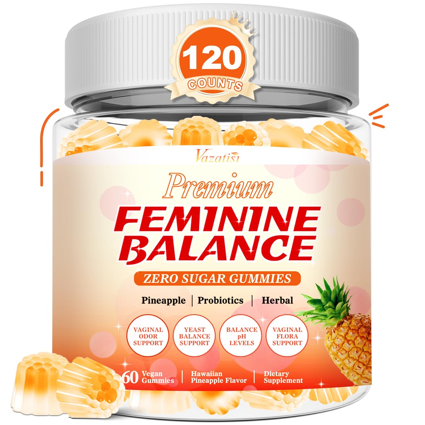 Vazatisi Feminine Balance Gummies for Women’s Pineapple PH Balance, Healthy Odor, Yeast Balance & Flora, Vegetarian Friendly, Sugar Free, 120 Gummies