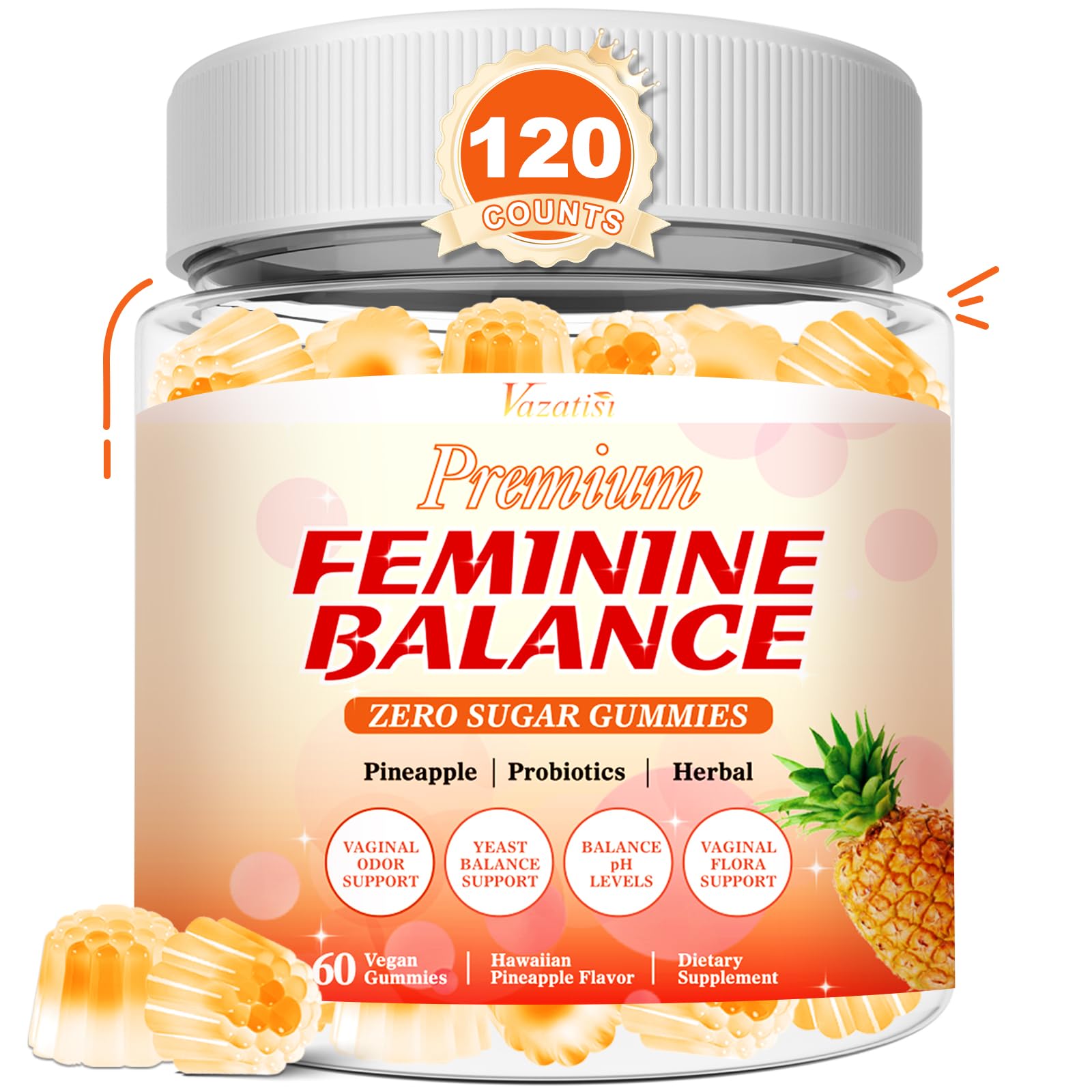 Vazatisi Feminine Balance Gummies for Women’s Pineapple PH Balance, Healthy Odor, Yeast Balance & Flora, Vegetarian Friendly, Sugar Free, 120 Gummies