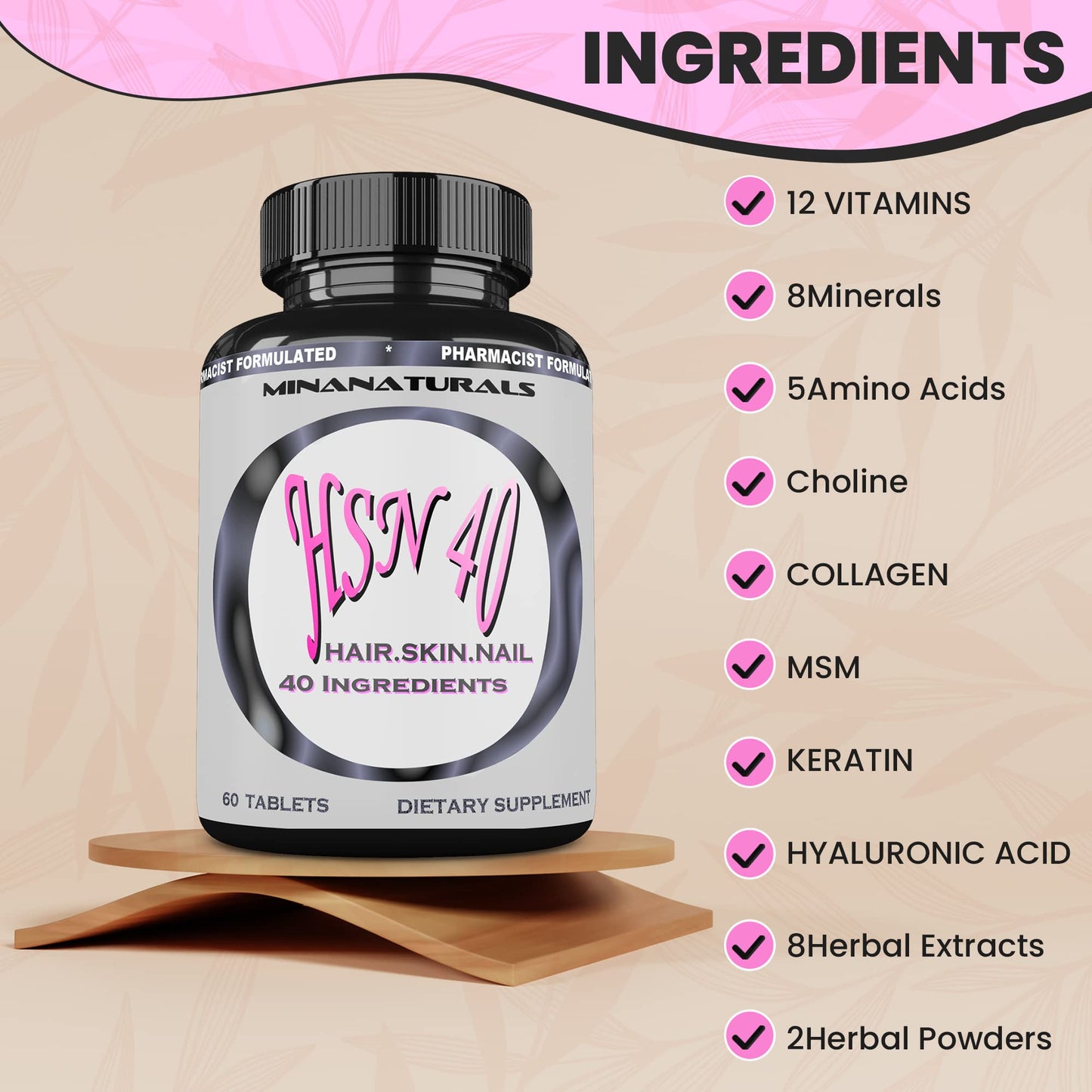 MINANATURALS Hair Skin and Nails Growth Vitamins for Women with Biotin 10000 mcg, Keratin, Collagen for Thicker, Stronger Hair, Tight, Smooth and Soft Skin, Healthy Nails, 60 Tablets