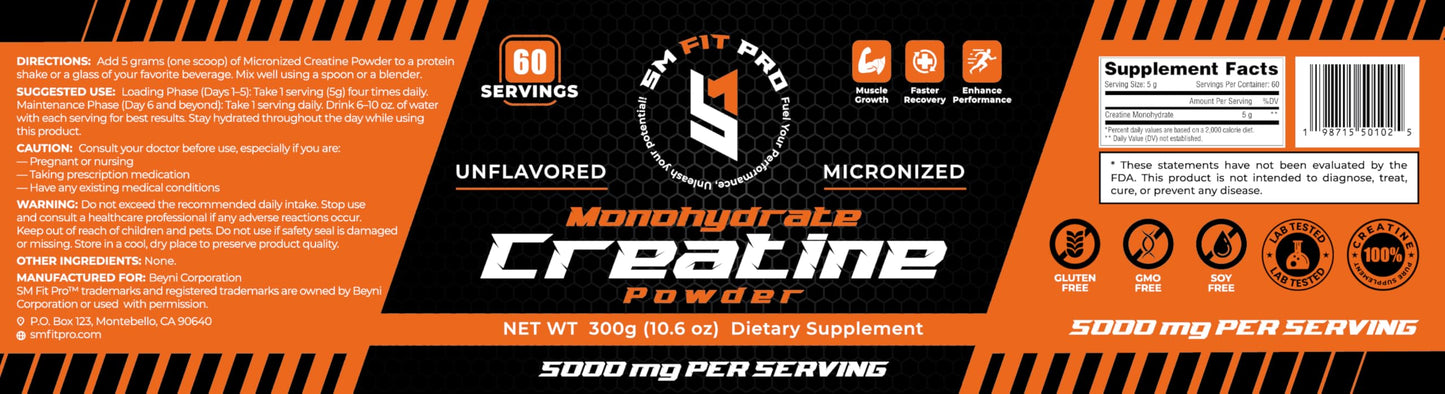 Sm Fit Pro Micronized Creatine Monohydrate Powder, 10.6 oz