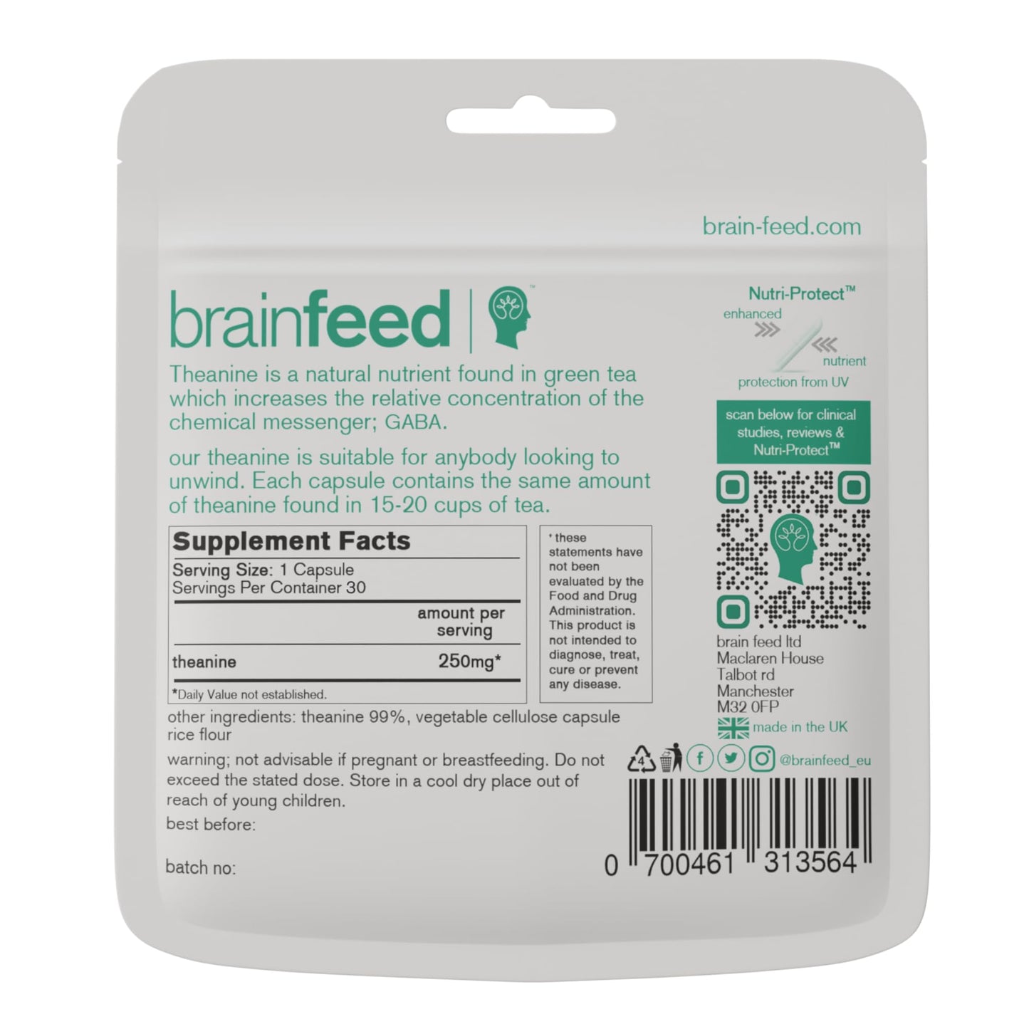 brain feed Natural L Theanine Capsules 30 Capsules
