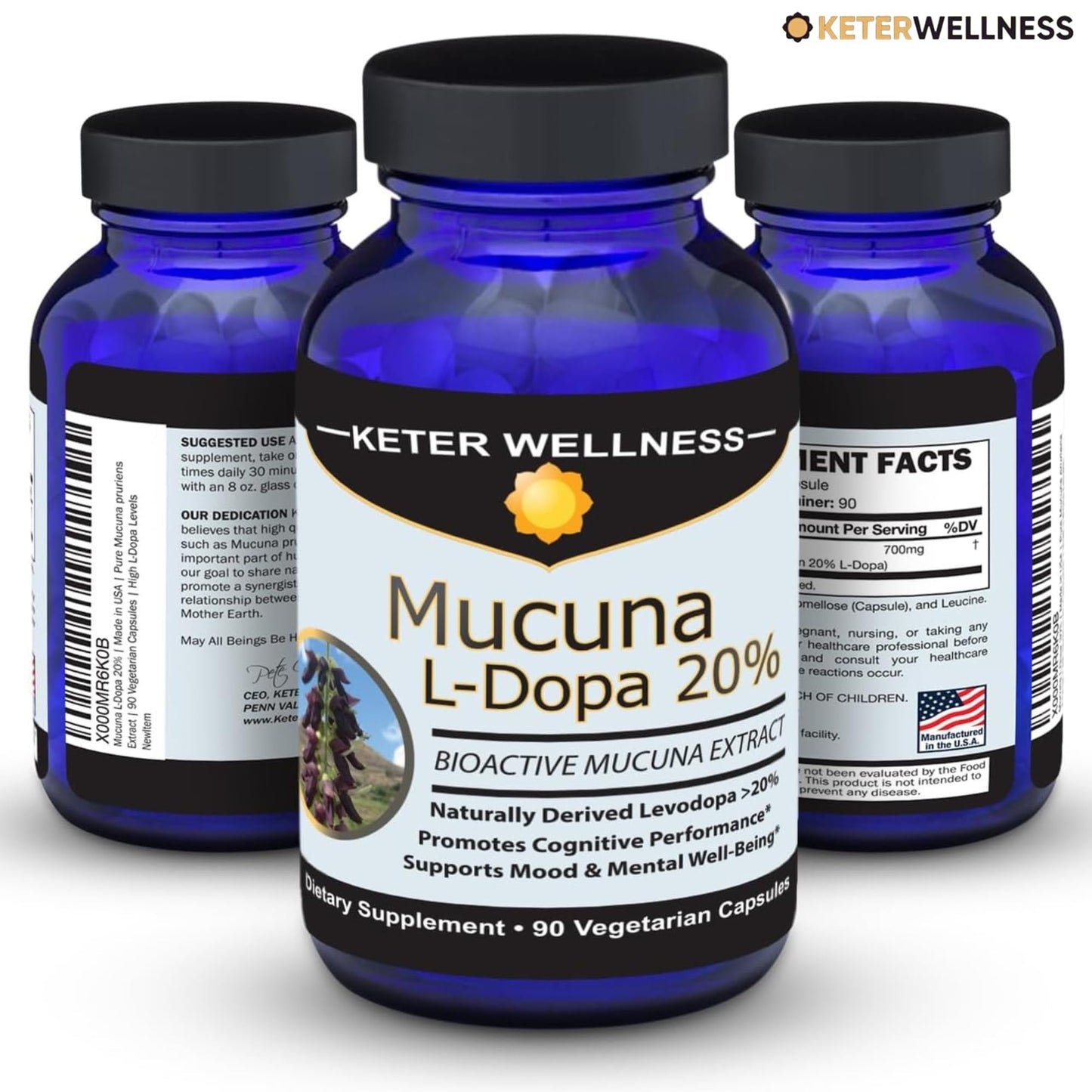Keter Wellness Mucuna Pruriens 20% L-Dopa – Standardized Velvet Bean Extract for Natural Dopamine, Focus & Mood Support – Pure 20:1 Concentrated Herbal Supplement – Vegan, Non-GMO, 90 Capsules