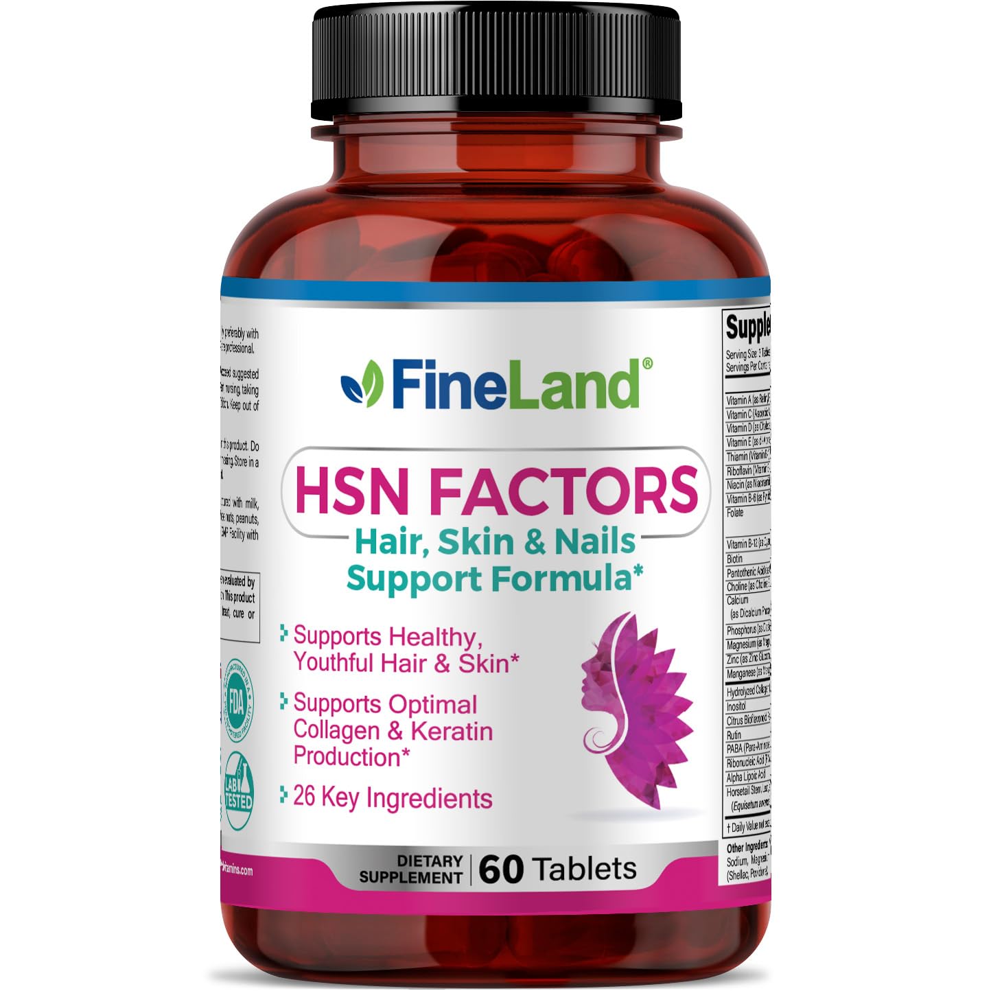 FineLand HSN Factors Hair Skin and Nails Support Formula – High Potency 10,000 mcg Biotin with Hydrolyzed Collagen & 26 Key Ingredients – Supports Natural Keratin Production & Radiant Skin Tablets, 60 Count