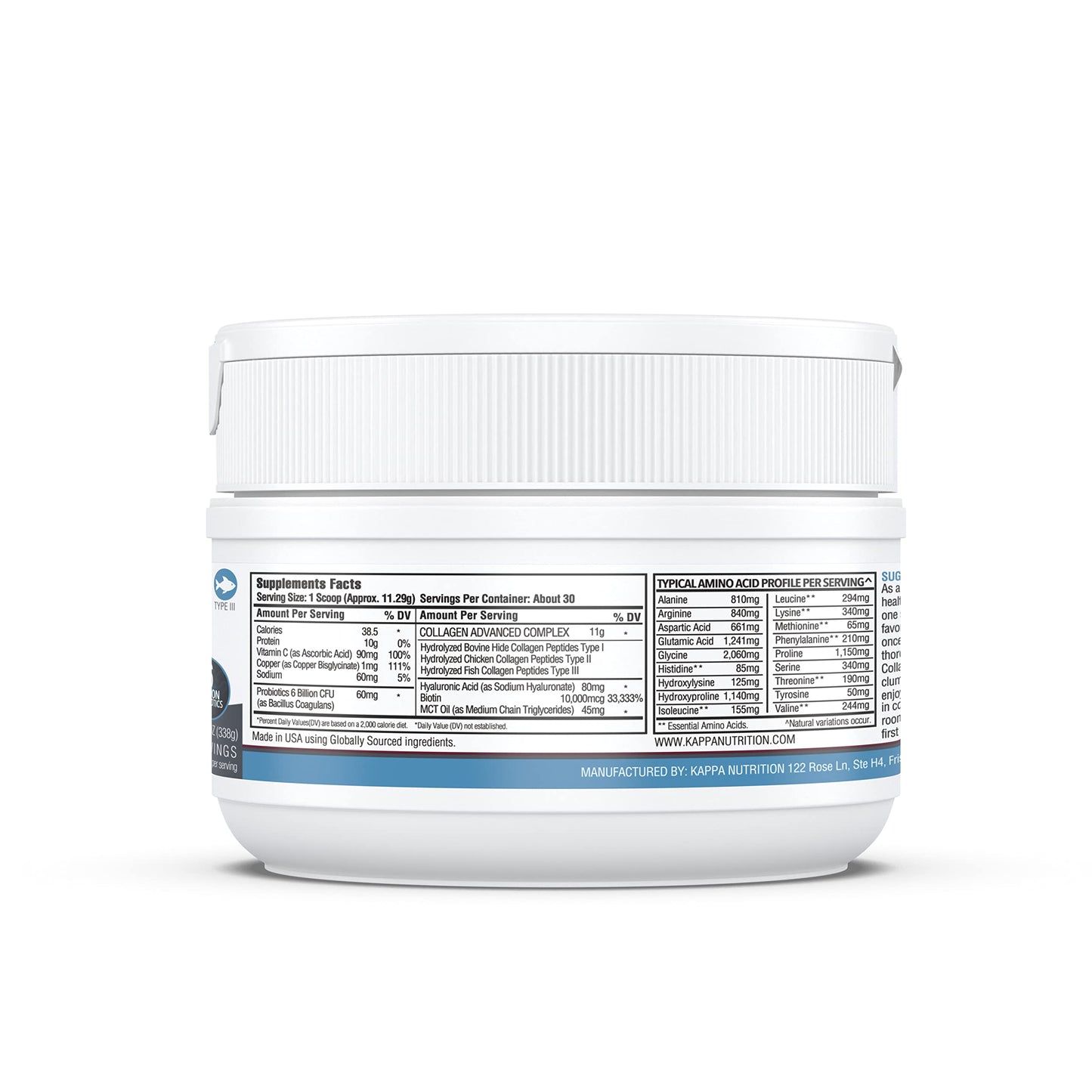 KAPPA NUTRITION Collagen Type I, II, III 9 in 1 Powder with 6 Billion Probiotics, Hyaluronic Acid, Vitamin C, Biotin, Copper & MCT Oil for Beautiful Hair, Nails & Skin, 1 Pack