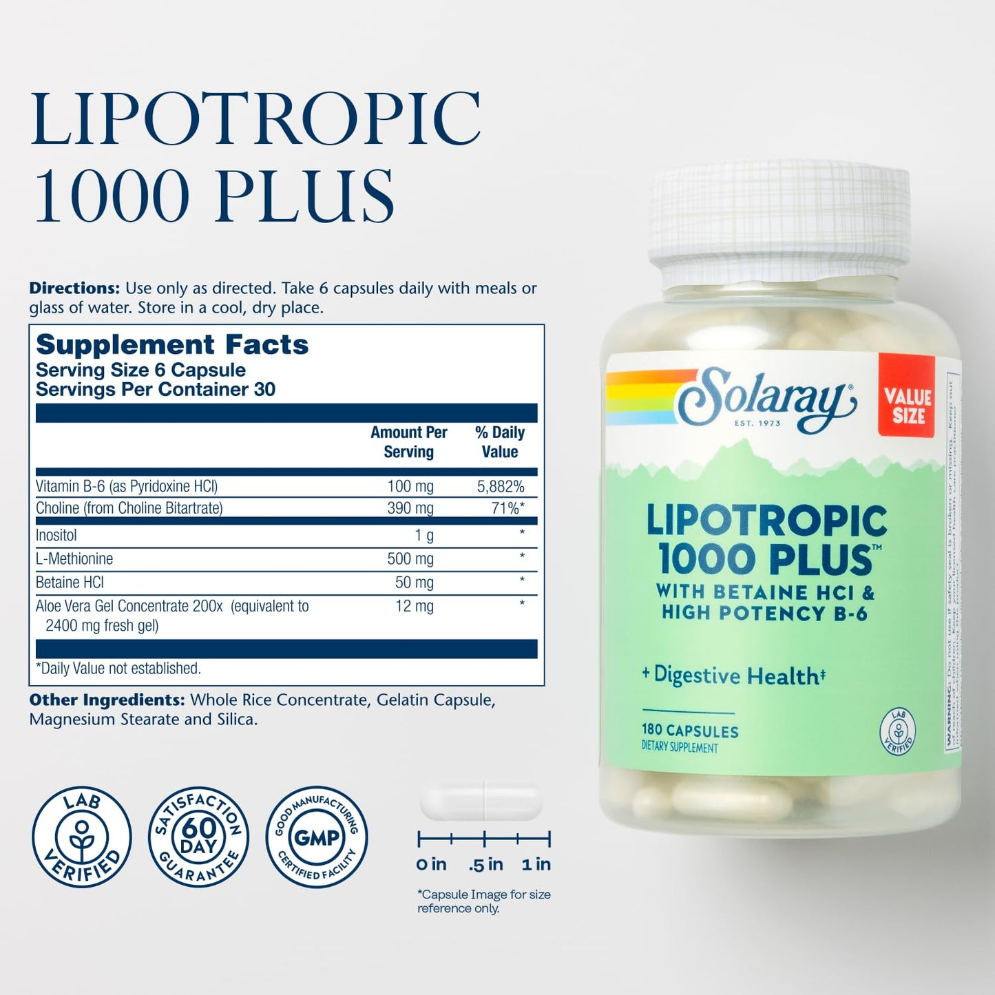 Solaray Lipotropic 1000 Plus Digestive, Energy & Fat Metabolism Support with Betaine HCl & Vitamin B-6, 180 Capsules