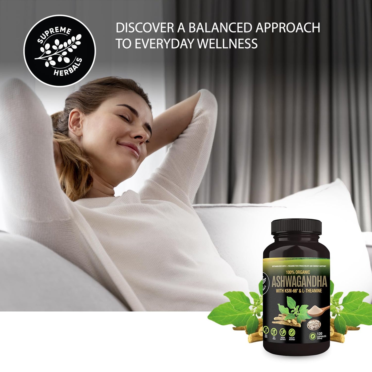 SUPREME HERBALS Ashwagandha 500 mg with KSM-66® & L-Theanine Capsule, 1 Count