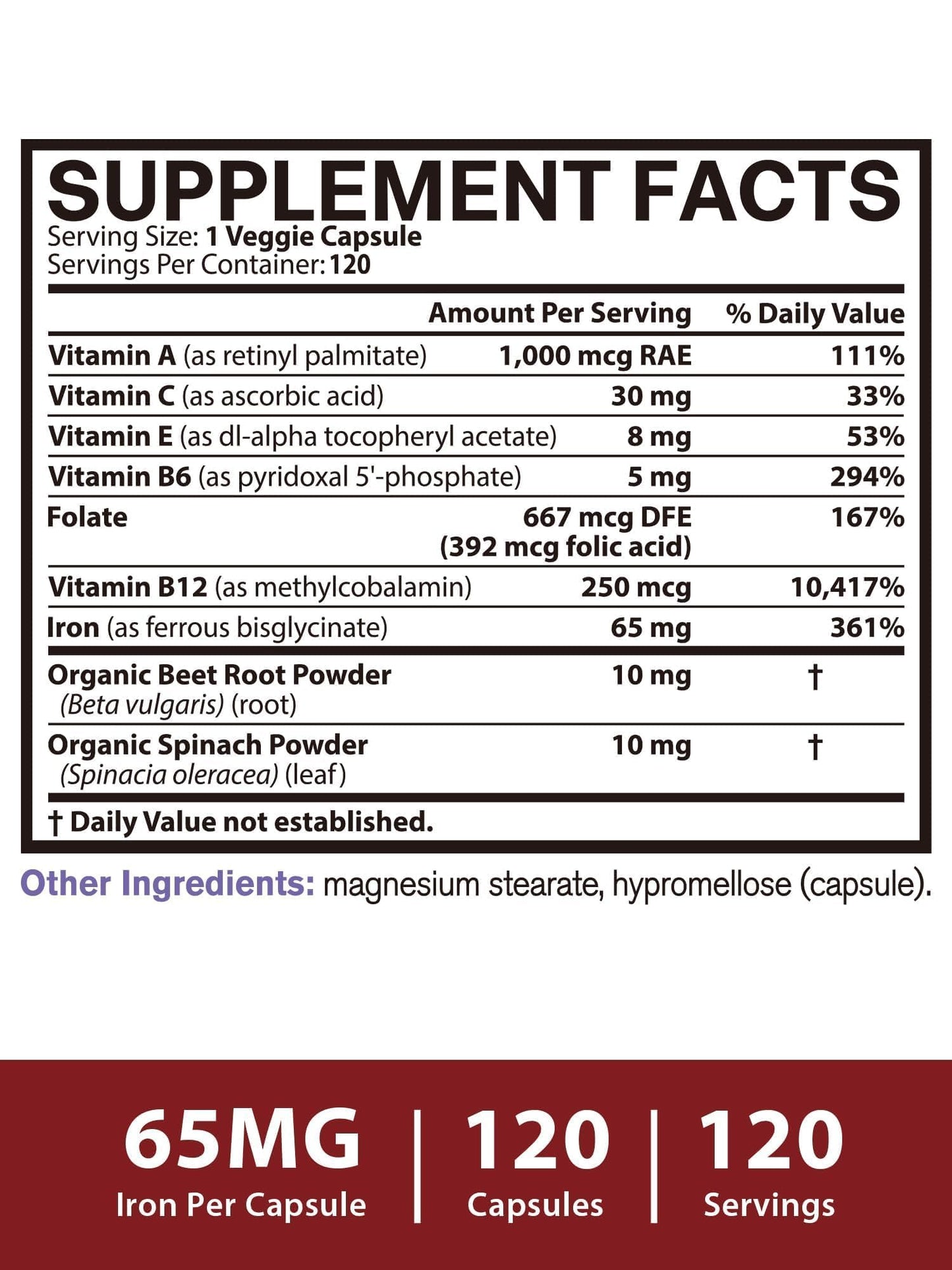 Vitacook Iron Supplement for Women & Men, 65mg Ferrous Bisglycinate Chelate, 120 Capsules