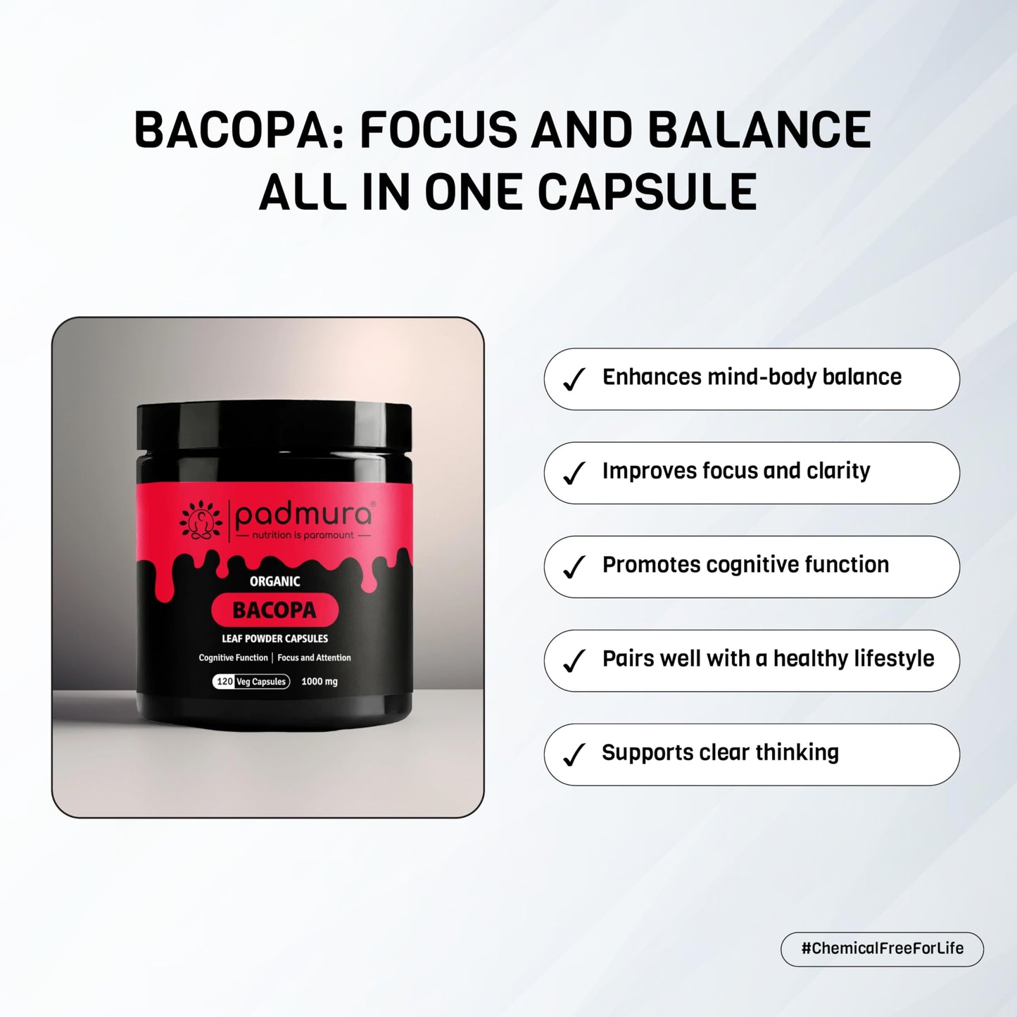 PADMURA Organic Bacopa Monnieri Leaf Powder Capsules, 120 Capsules