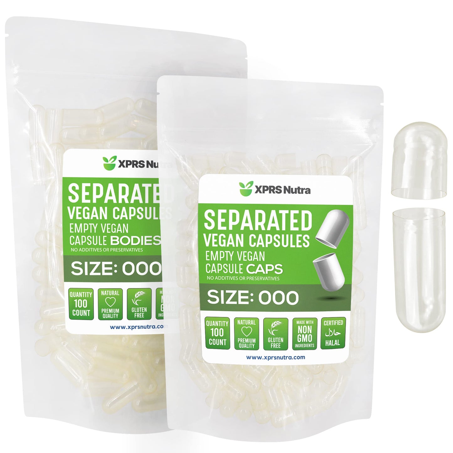 XPRS Nutra Vegan Size 000 Separated Empty Capsules, 100 Count