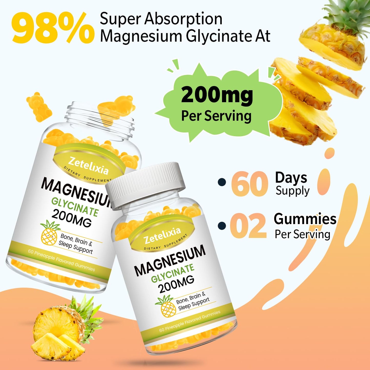 Zetelixia 200mg Magnesium Glycinate Gummies, 120 Count