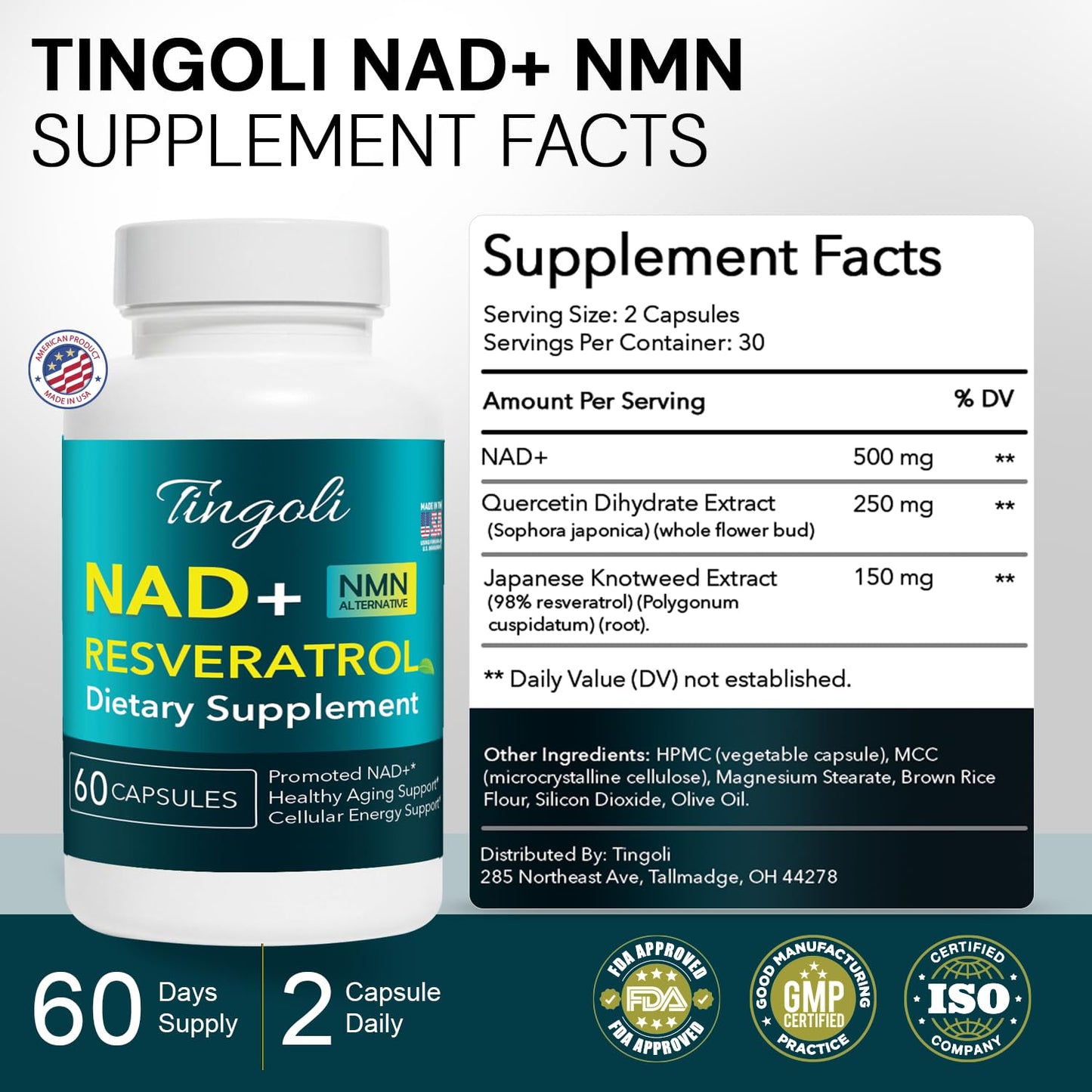 TINGOLI NAD+ Resveratrol Supplement with Quercetin – NMN Alternative for Cellular Energy Support, Focus & Healthy Aging – 500mg NAD+ Formula, 60 Capsules