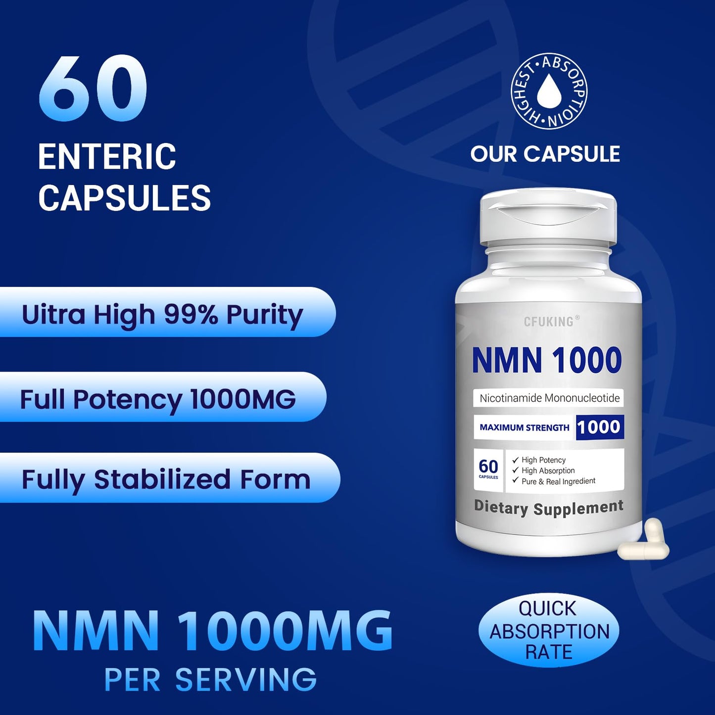 CFUKING NMN 1000mg Per Serving Maximum Strength 99% Pure NMN Stabilized Capsules 120 Capsules