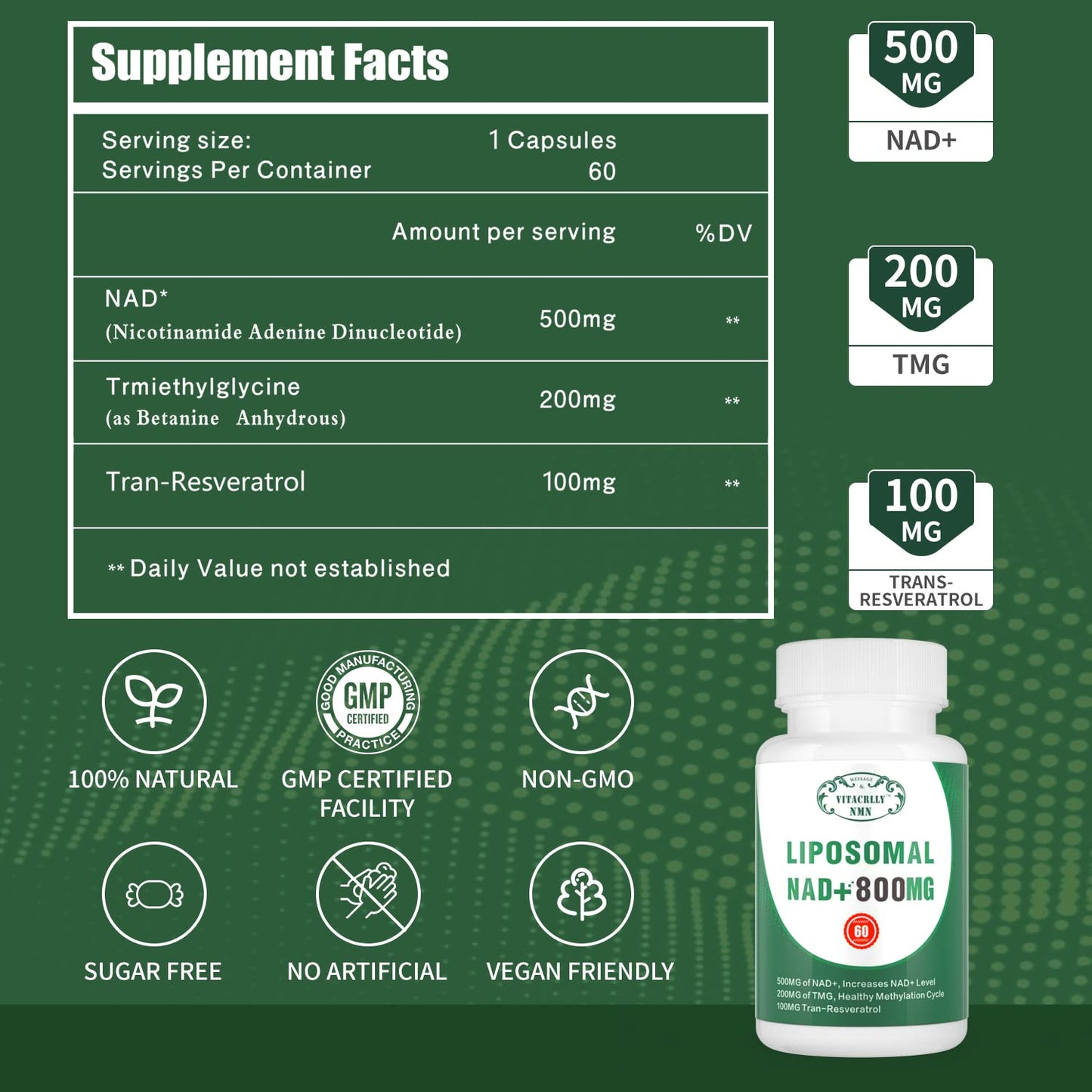 VITACRLLYNMN NAD+ Supplement Liposomal NAD+ Plus 800MG Nicotinamide Riboside Alternative for Cell Energy, Healthy Aging and Muscle Repair, 60 Capsules