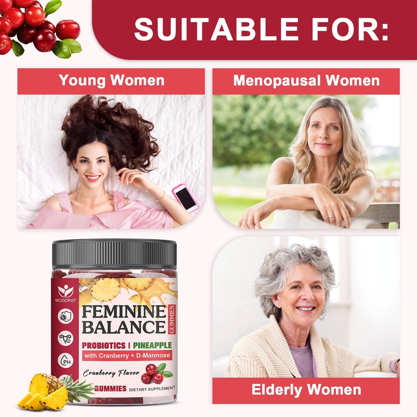 WOGORGT Feminine Balance Probiotic Gummies for Women, Vaginal Health & pH Balance Support, Cranberry Extract & D-Mannose, Sugar Free, Vegan, 60 Gummies