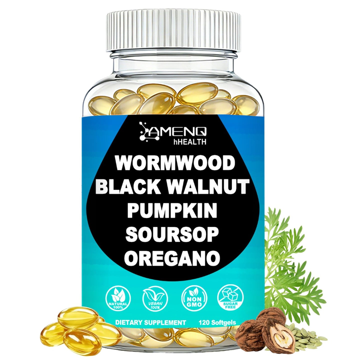 AMENQ hHEALTH Wormwood Black Walnut Clove Cleanse for Humans, Max Absorption Softgel, 120 Count