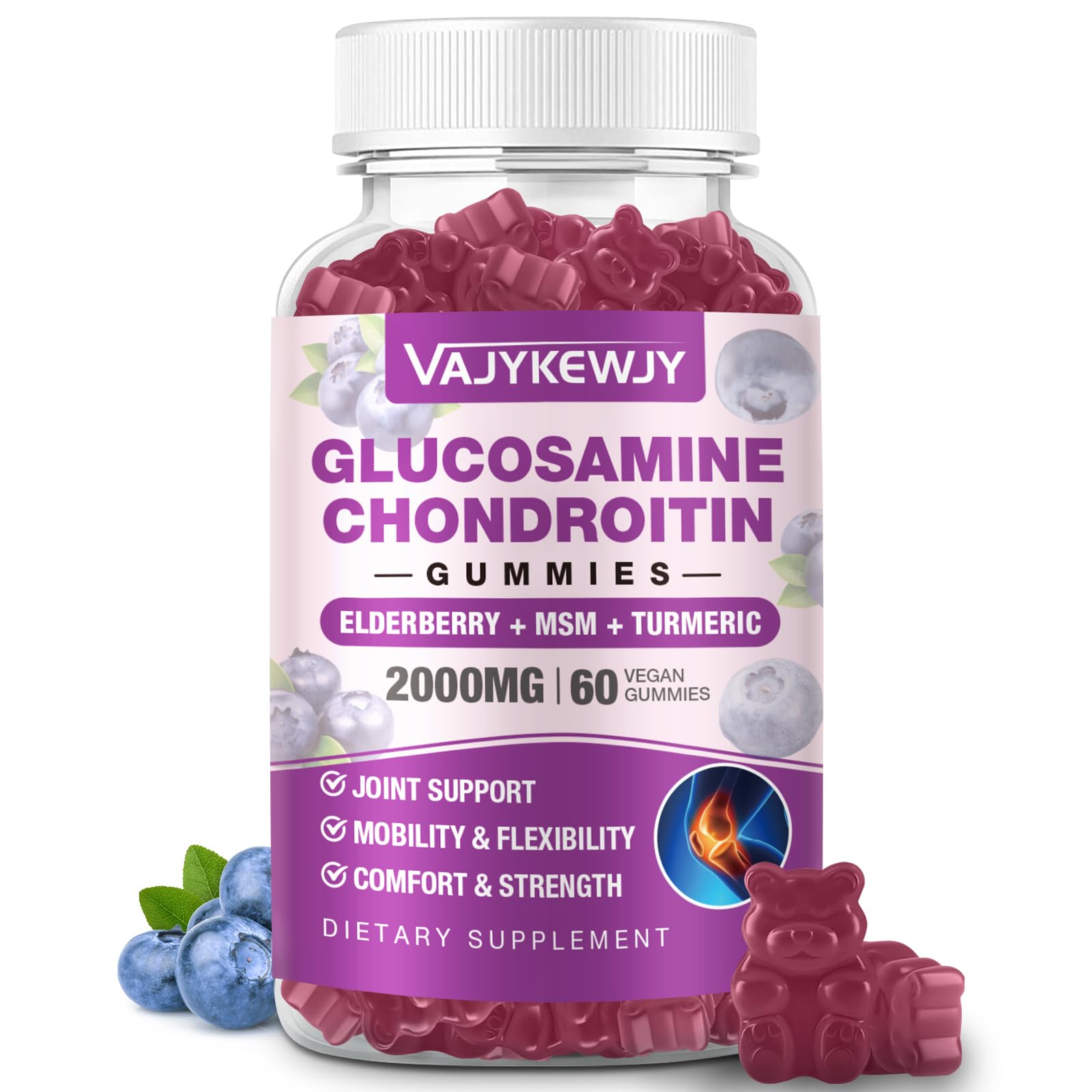 VAJYKEWJY Glucosamine Chondroitin Gummies Sugar Free 2000mg, Extra Strength with MSM & Turmeric, Joint Support Supplement, Antioxidant Immune Support, 60 Gummies