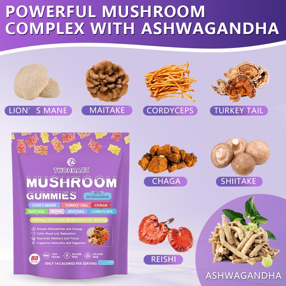 TWOHHACC Mushroom Supplement Gummies with Ashwagandha and Lions Mane, Maitake, Turkey Tail, Reishi, Chaga, Shiitake, Cordyceps Nootropic Brain Supplement, 80 Gummies