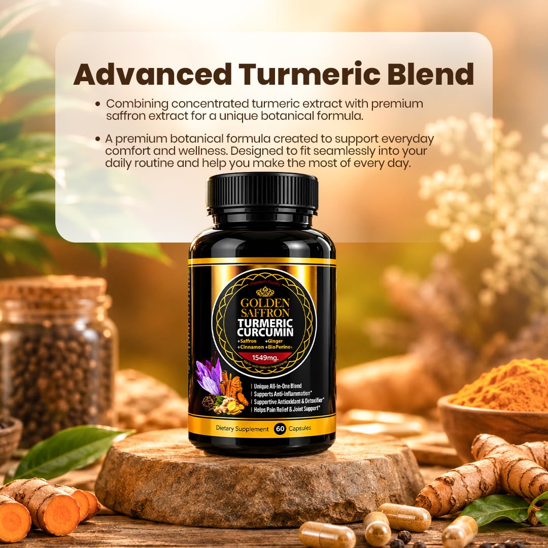 GOLDEN SAFFRON Turmeric Curcumin Supplement with Bioperine, Saffron, Cinnamon, and Ginger Capsules 60 Count