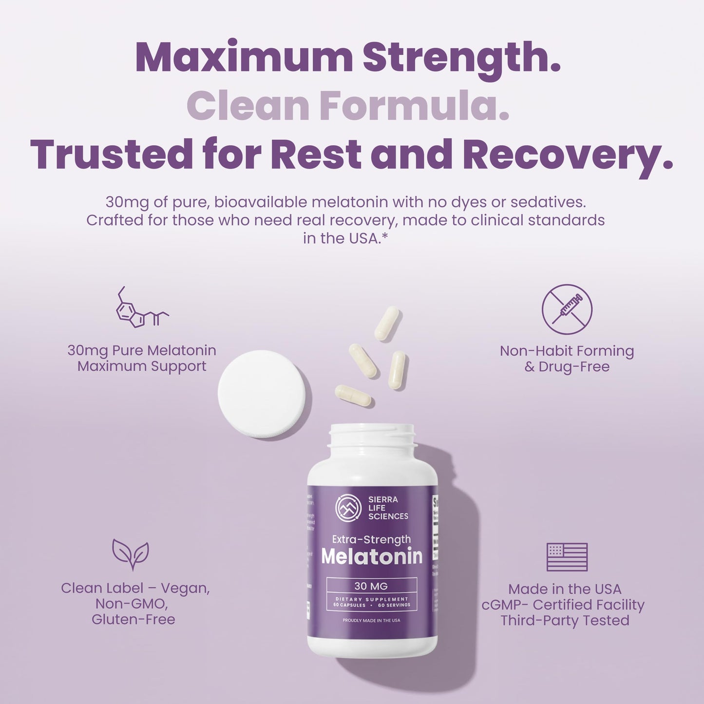 SIERRA LIFE SCIENCES Melatonin 30mg High Dose Extra Strength Sleep Aid for Adults Capsule 60 Count