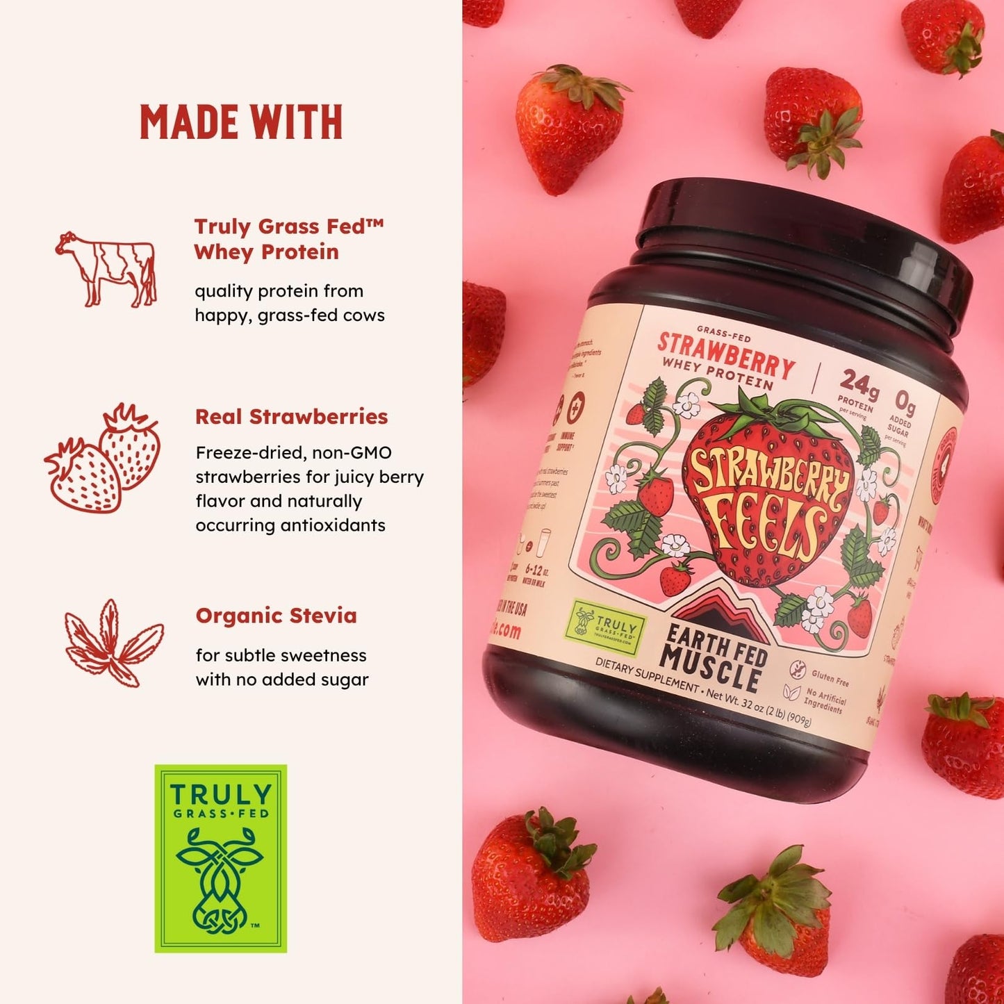 Earth Fed Muscle Whey Protein Isolate Strawberry Feels Forever Powder 32