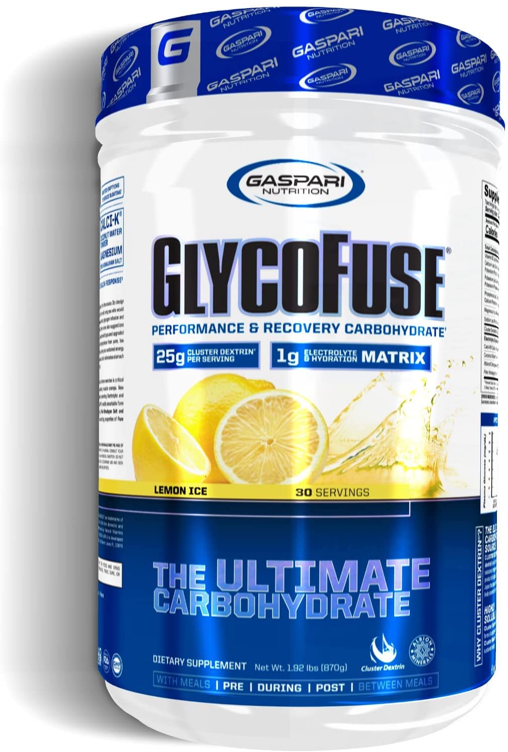 Gaspari Nutrition Glycofuse: Performance and Recovery Carbohydrate, 25g Cluster Dextrin and 1g Electrolyte and Hydration Matrix, Lemon Ice, Powder, 30 Servings