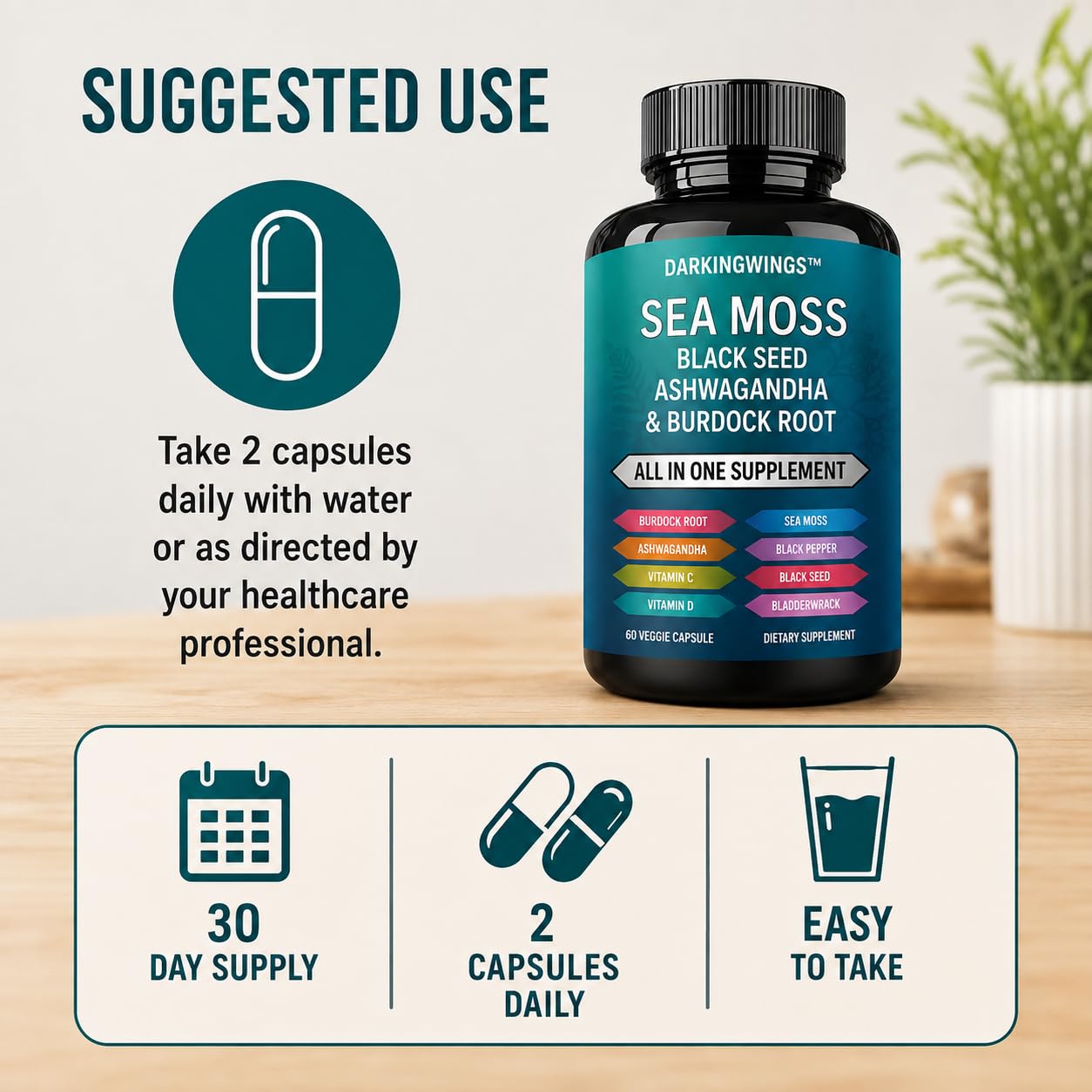 Darkingwings Organic Sea Moss Black Seed Oil Capsules 60 Count