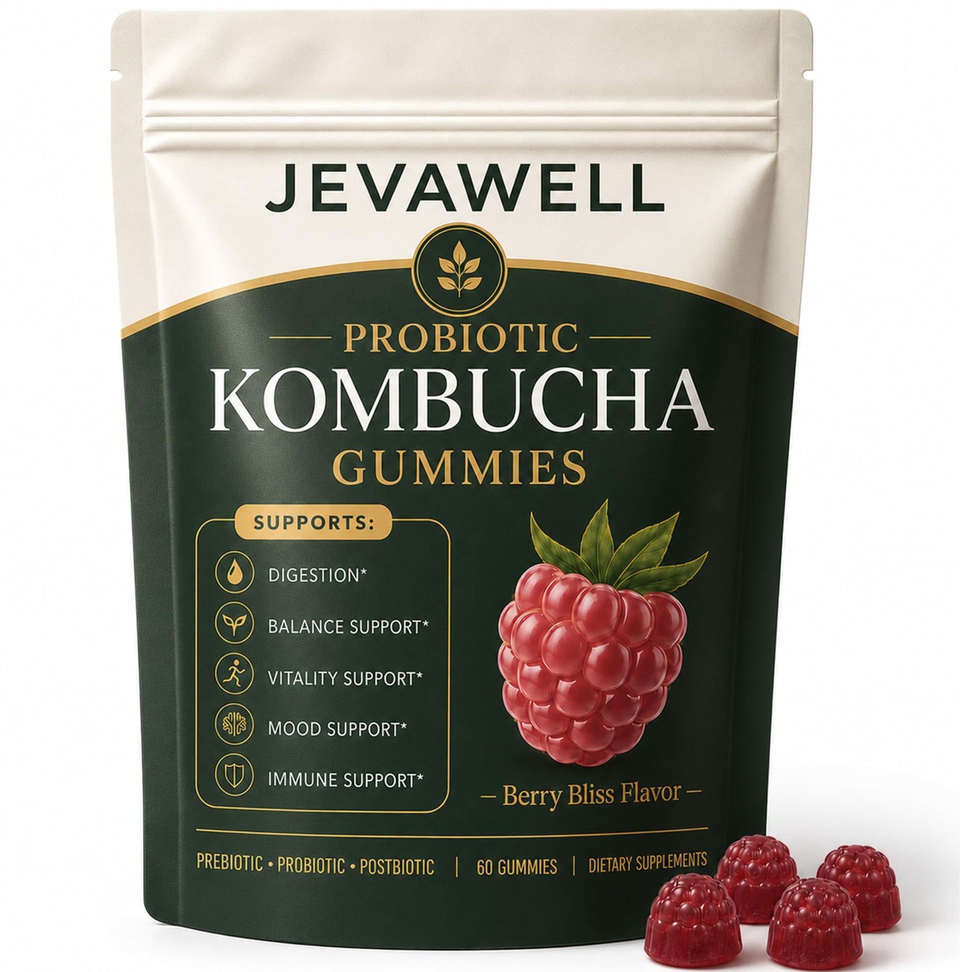 FQMUEV JEVAWELL Probiotic Kombucha Gummies, 60 Count