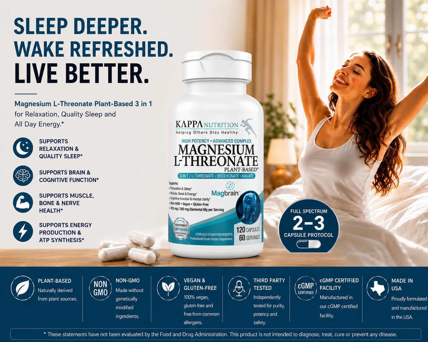KAPPA NUTRITION Magnesium L-Threonate Plant-Based 3 in 1 Powered by Magbrain Capsules 60 Count