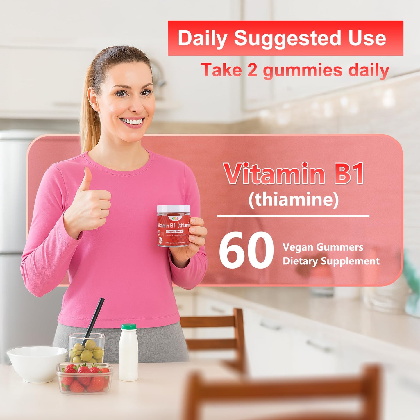 NEWOLite Vitamin B1 Gummies (Thiamine) 300mg with 150mg Magnesium, Natural Peach Flavor, Non-GMO, Sugar-Free, Vegan, 60 Gummies