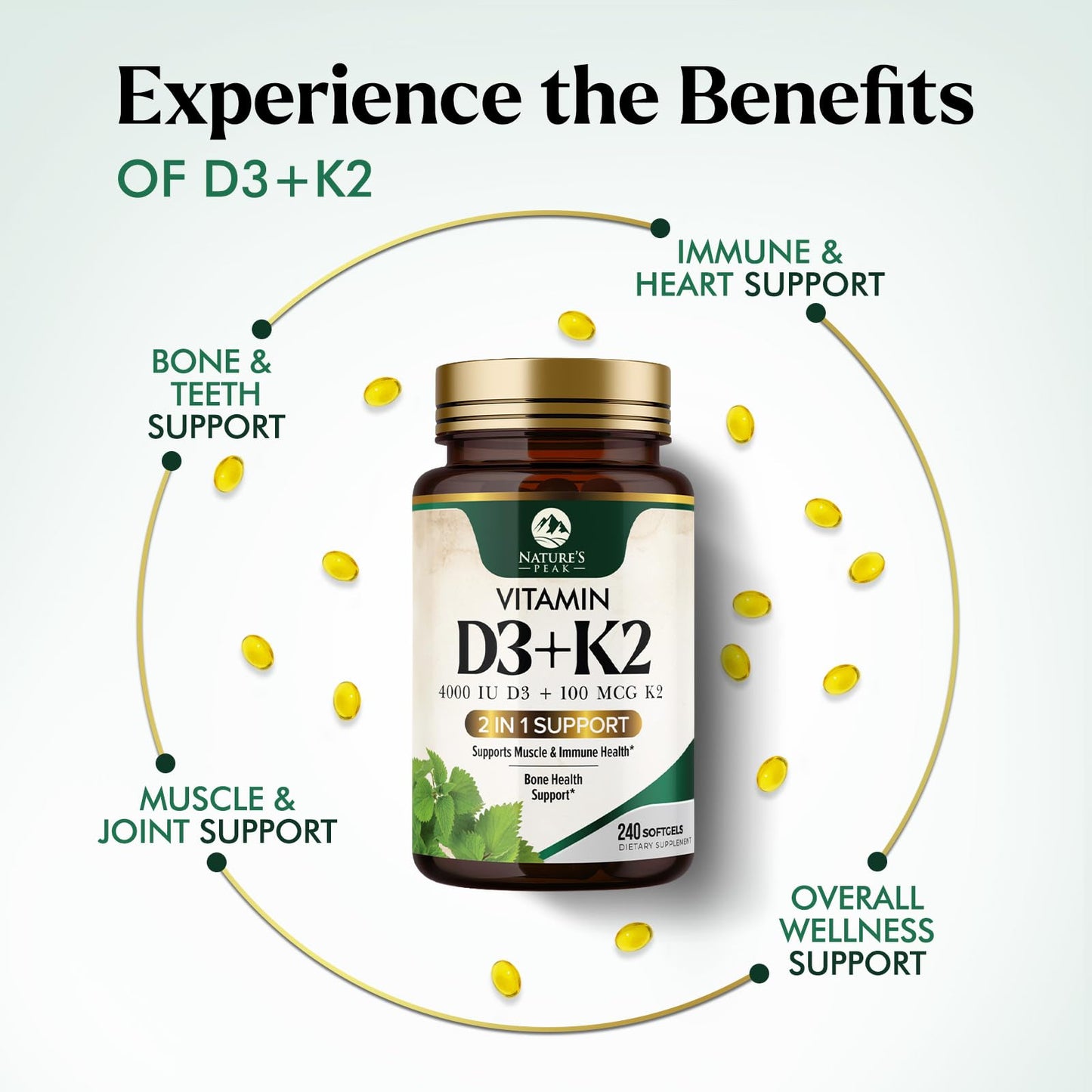 Nature's Peak Vitamin D3 K2 High Potency 2-in-1 Complex Vitamin D & K2 (MK7) Supplement, Gluten Free, Bone & Immune Support, 4000 IU per Softgel, 240 Softgels