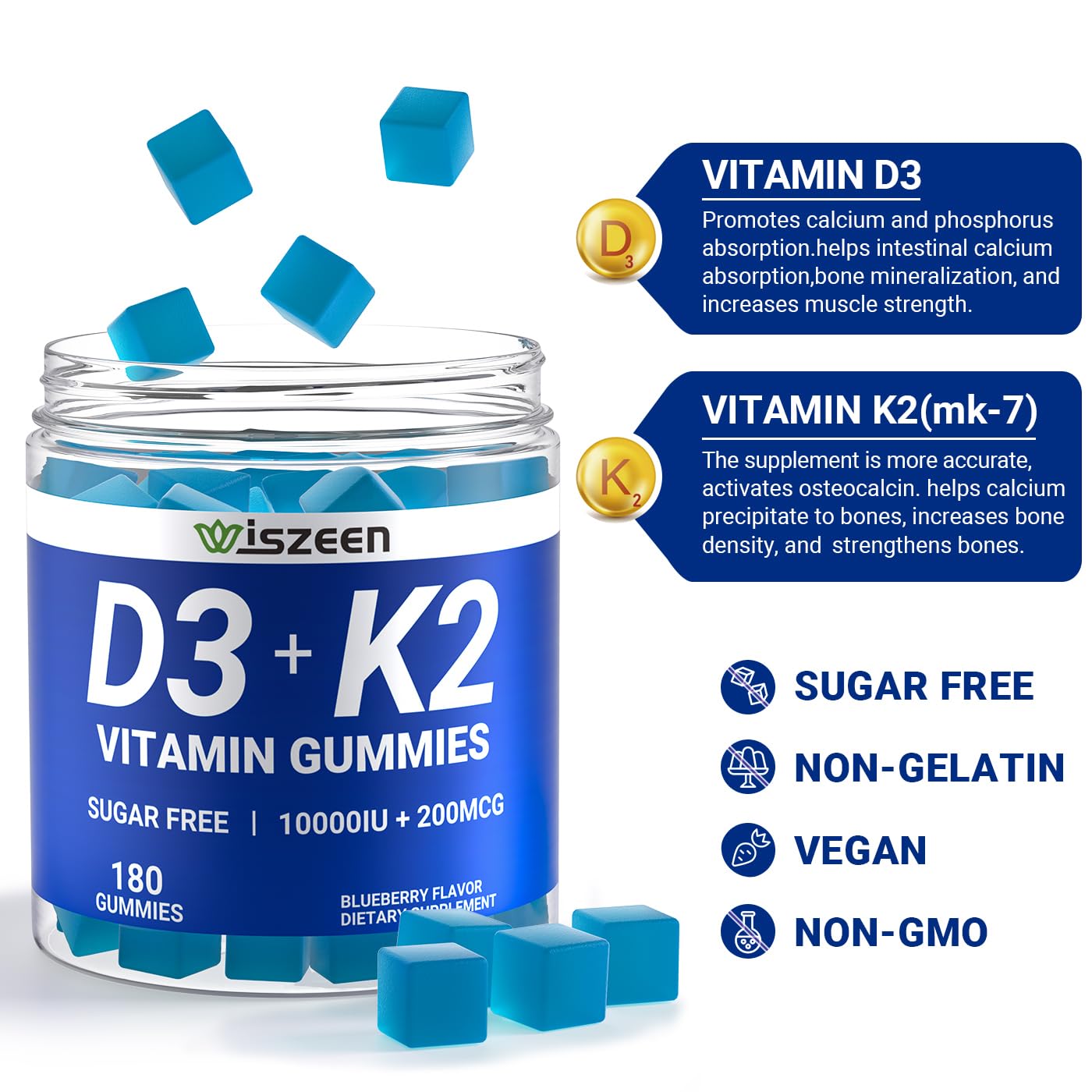 Wiszeen Vitamin D3 K2 Gummies, Vitamin D3 10000 IU & Vitamin K2 (MK-7) 200 mcg, 180 Count