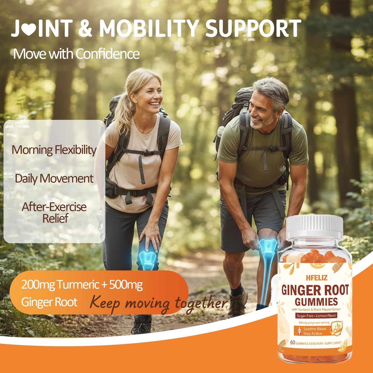HFELIZ Ginger Gummies 500mg - Turmeric and Ginger Supplement for Digestion, Bloating & Mobility Support, Sugar-Free Lemon Flavor with Black Pepper Extract for Enhanced Absorption, 60 Count