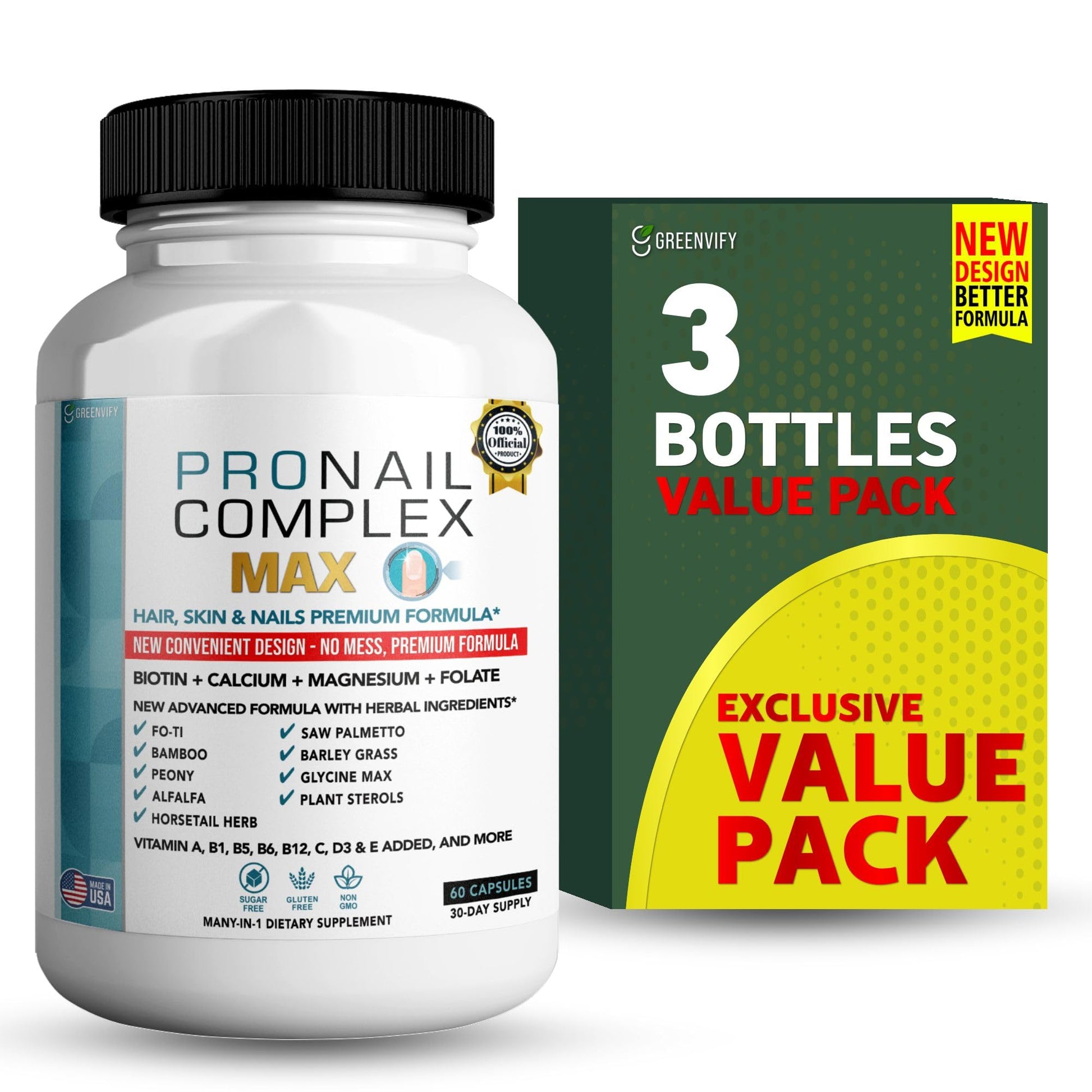GREENVIFY ProNail Complex Max Hair, Skin & Nails Premium Supplement with Biotin & Herbal Blend, 180 Capsules