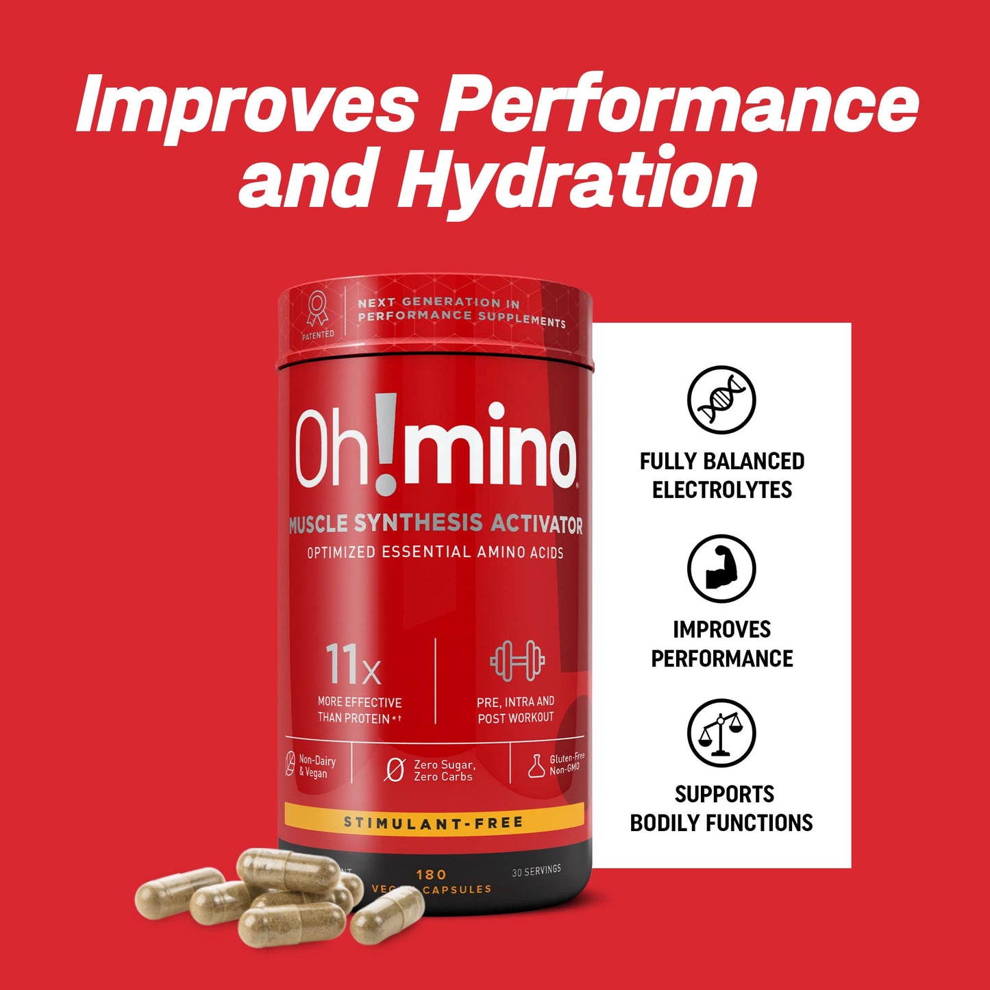 Oh!mino BCAA + EAA Amino Acid Supplement, Caffeinated Capsule, 180 Count