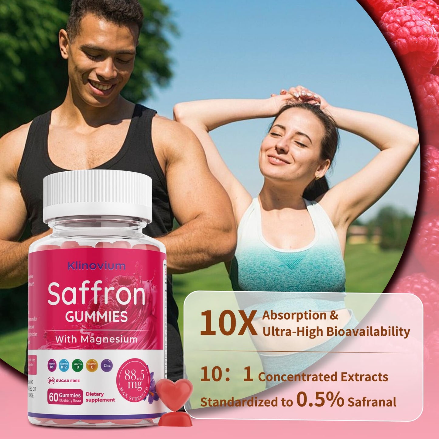 Klinovium Saffron Gummies with Saffron 88.5mg + Magnesium Glycinate 300mg, 60 Count