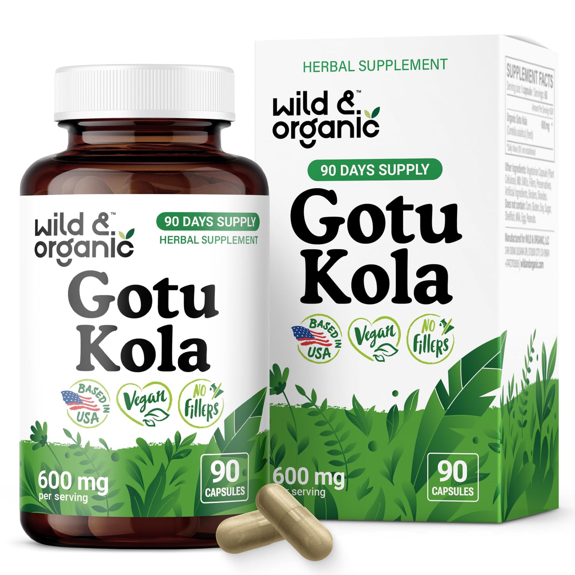 Wild & Organic Gotu Kola 600 mg Capsules, 90 Count