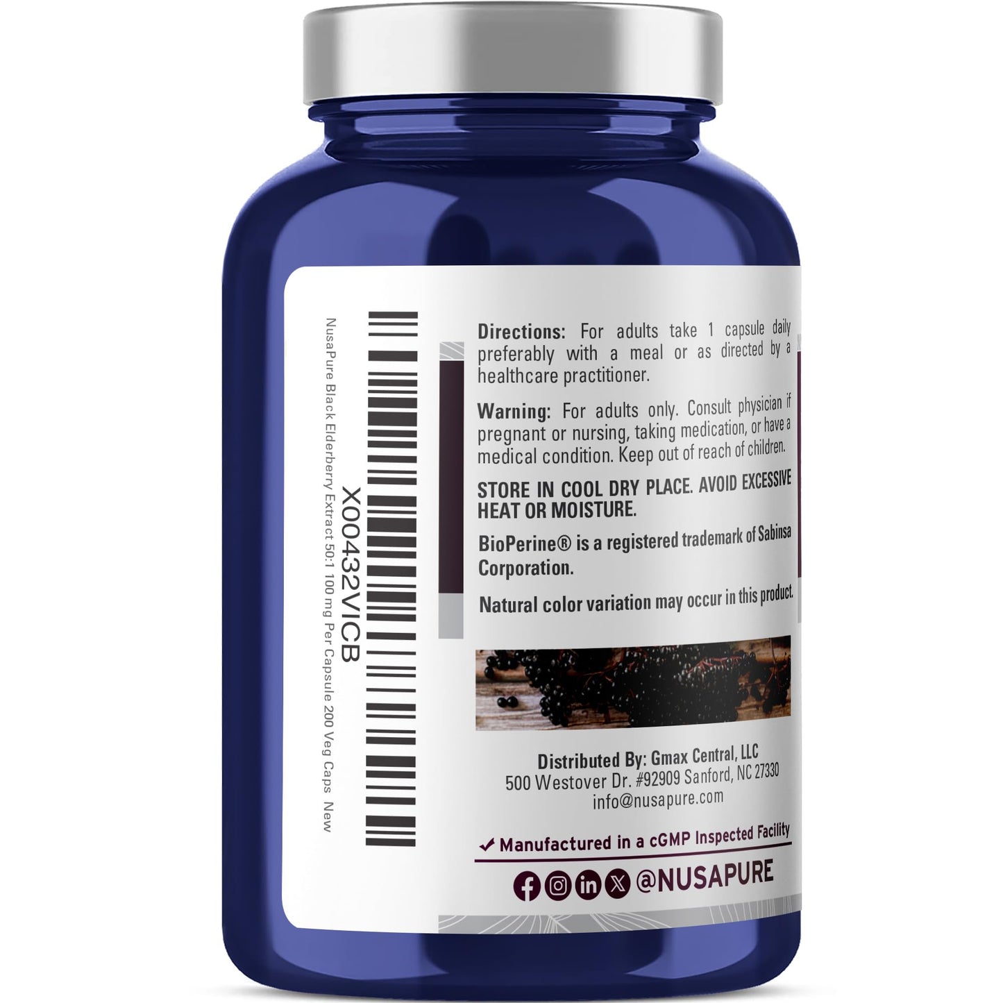 NusaPure Black Elderberry 100 mg Capsules, 200 Count