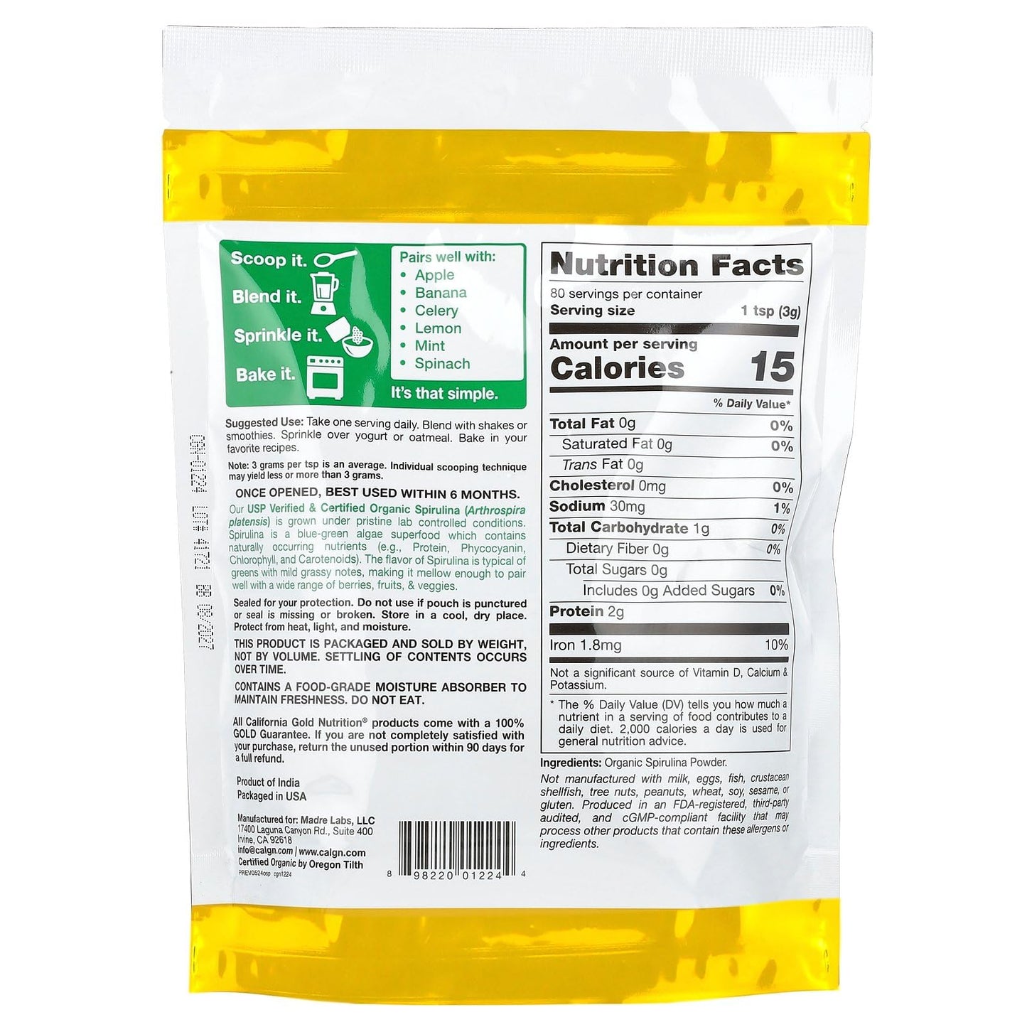 California Gold Nutrition Certified Organic Spirulina Powder, 8.5 oz
