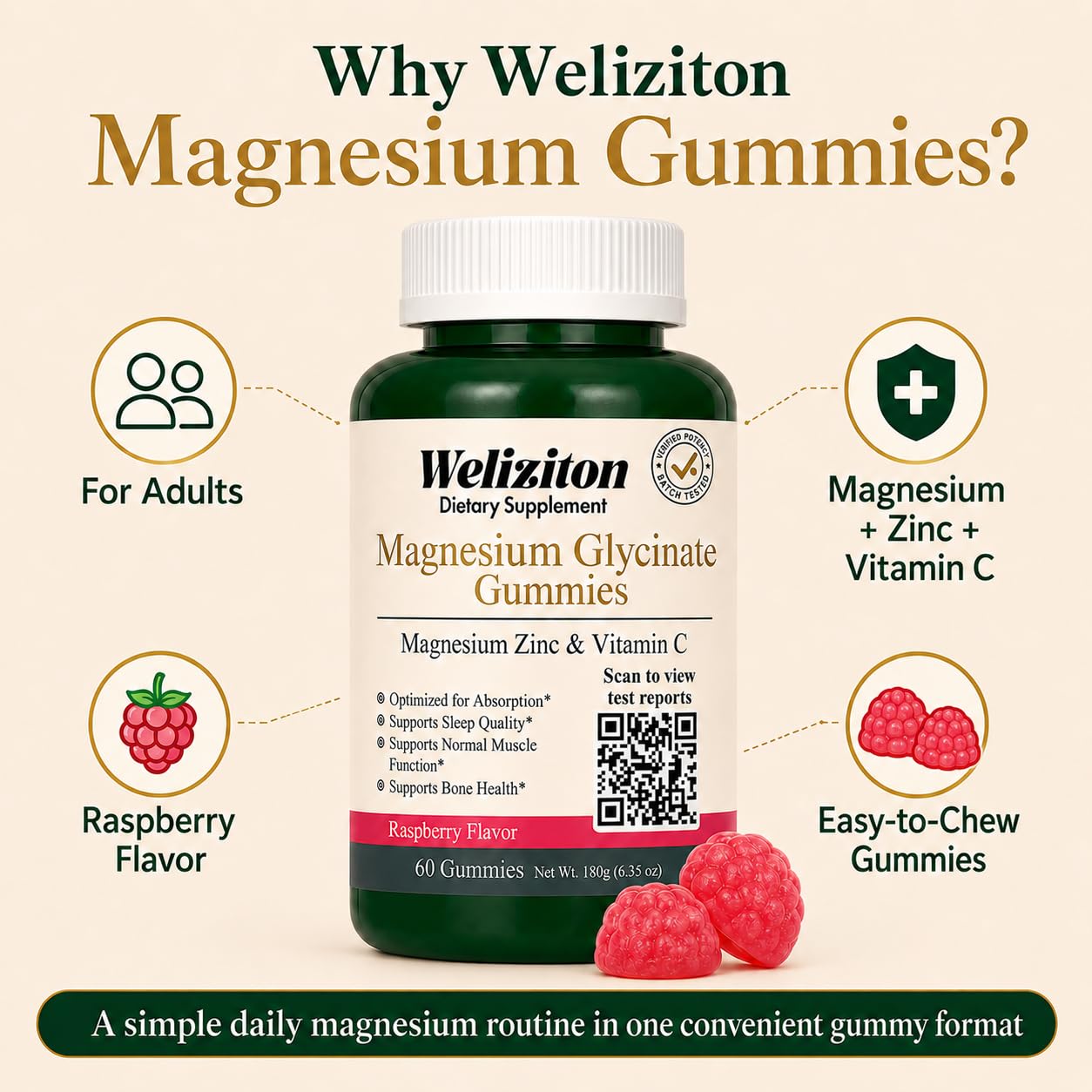 Weliziton Magnesium Glycinate Gummies 100mg, 60 Count