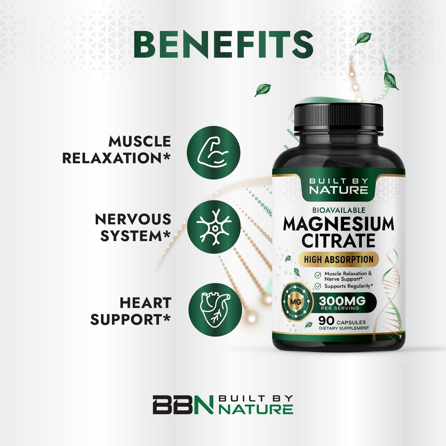 Built by Nature Magnesium Citrate 300mg High Absorption Magnesium Supplement Capsules, 90 Capsules