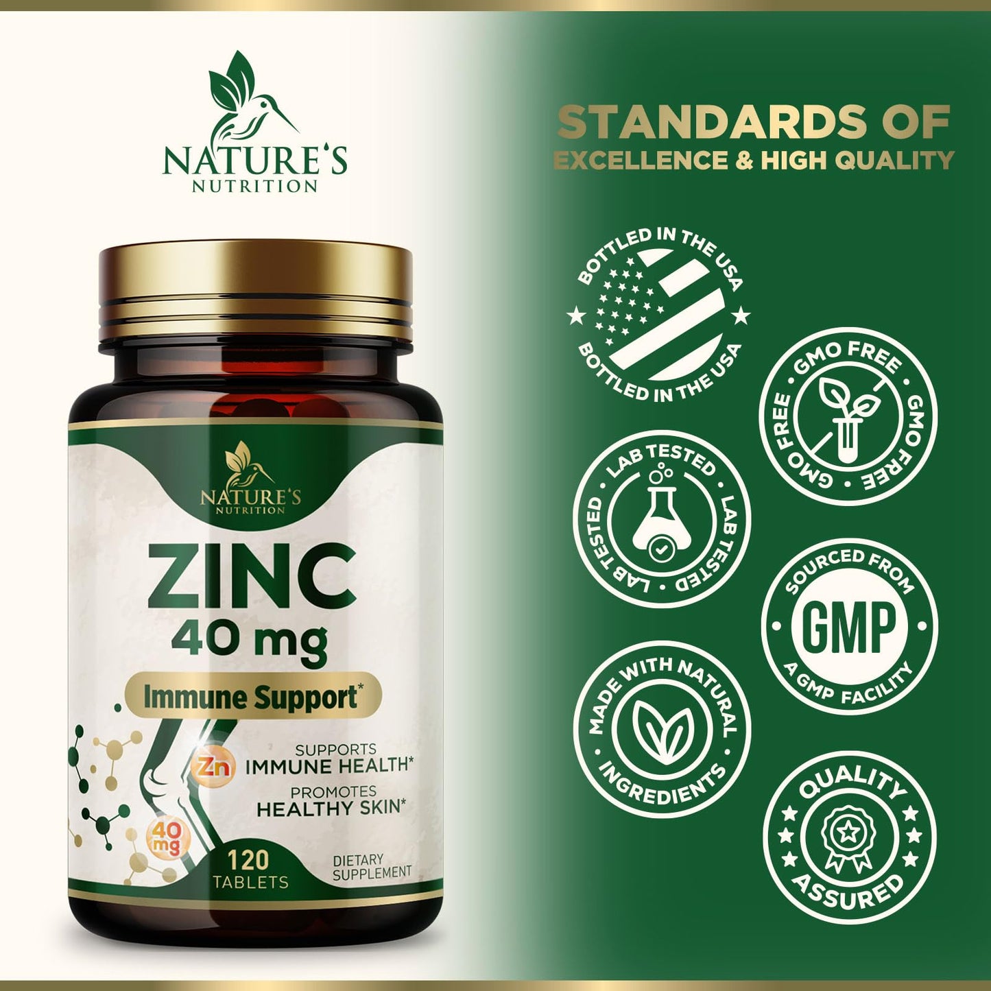 Nature's Nutrition Zinc 40mg High Potency Supplement for Immune System Support & Skin Health, 120 Tablets