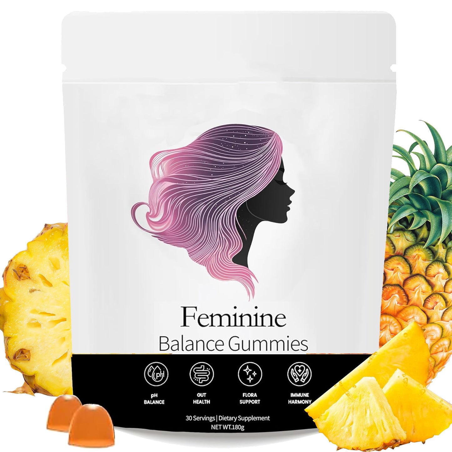 NEWUREHO Feminine Balance Gummies, Pineapple Probiotic Blend, Hawaiian Pineapple Flavor, 60 Gummies