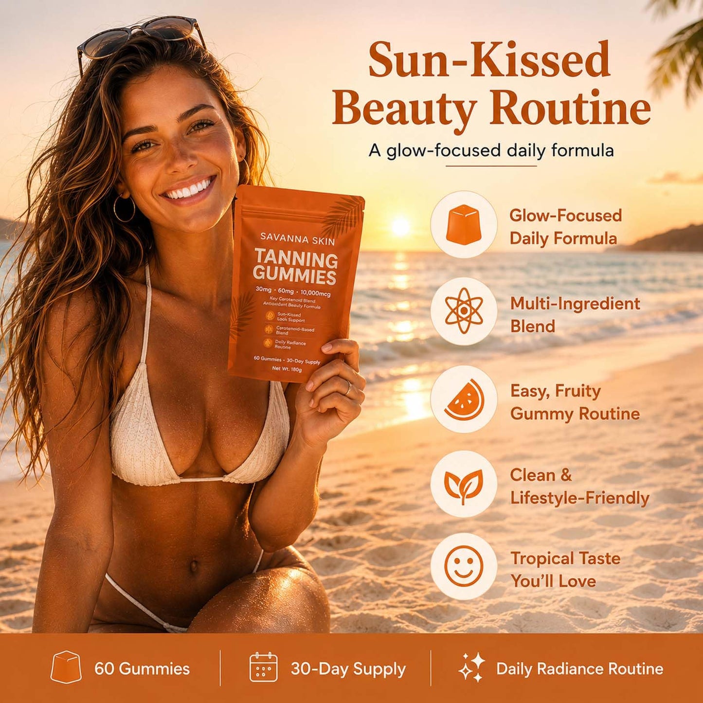 Savanna Skin Tanning Gummies Astaxanthin & Beta-Carotene Tanning Formula, Gummy, 60 Count