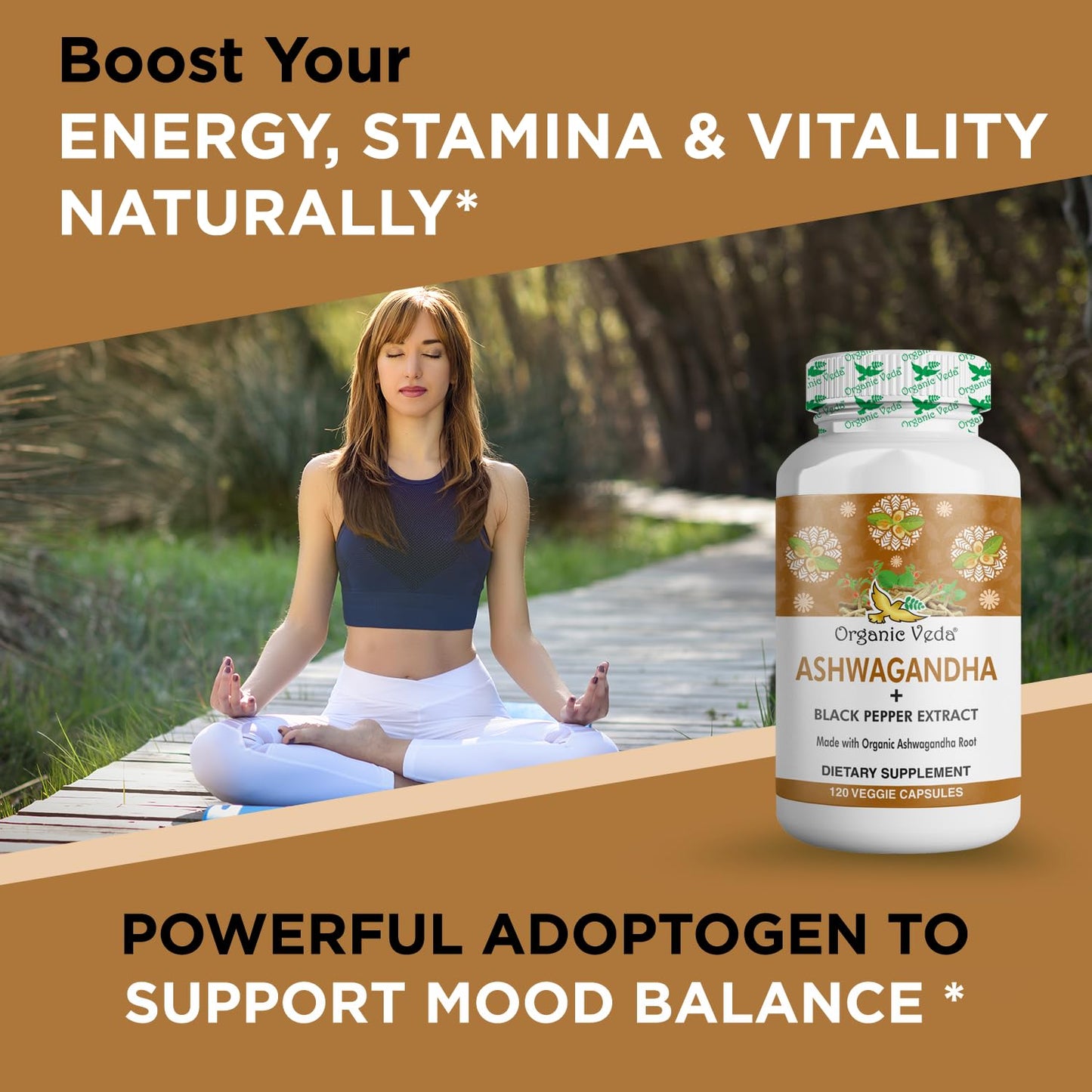 Organic Veda Ashwagandha Capsules Full Strength with Black Pepper Extract, 120 Veg Capsules