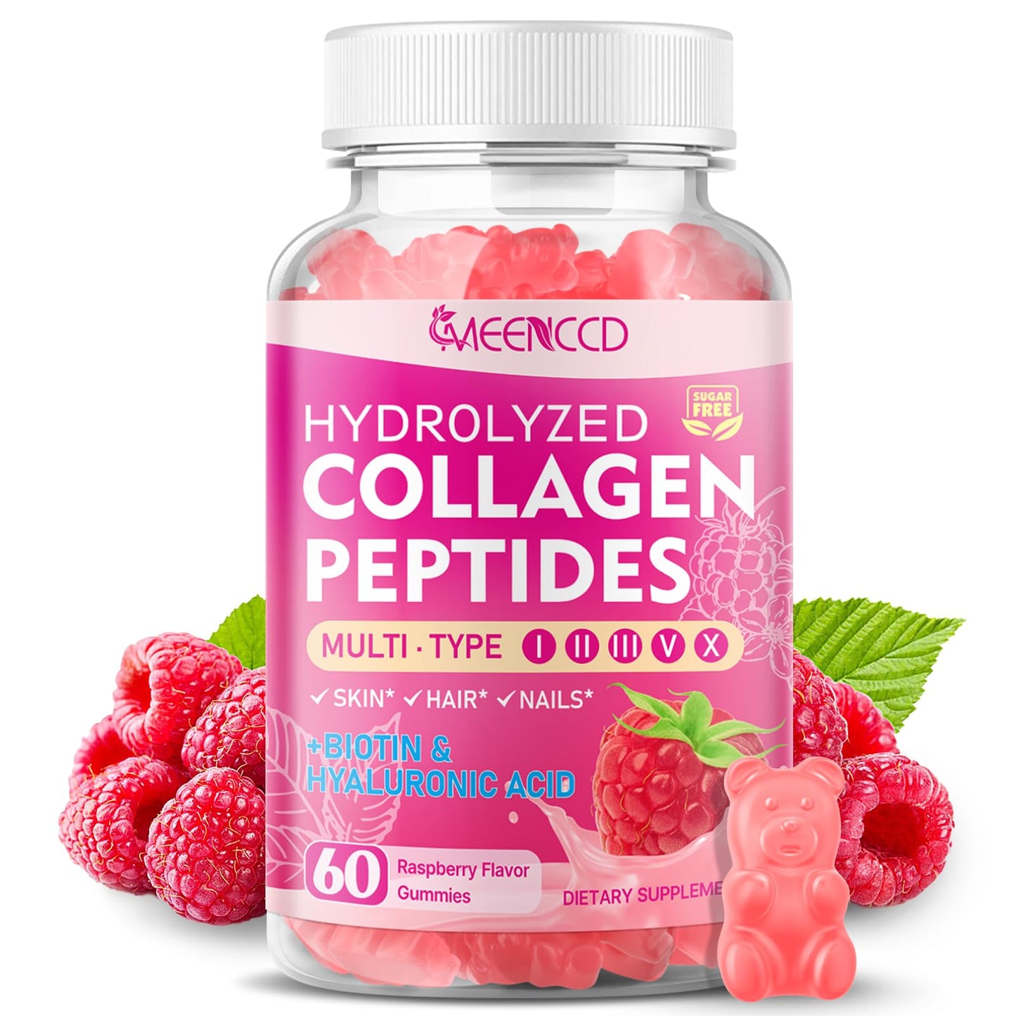 MEENCCD Hydrolyzed Collagen Peptides Gummies for Women & Men, Multi-Collagen Type I, II, III, V, X with Biotin, Hyaluronic Acid, Zinc, Vitamin C, E - Skin, Hair, Nails, Raspberry Flavor, 60 Count